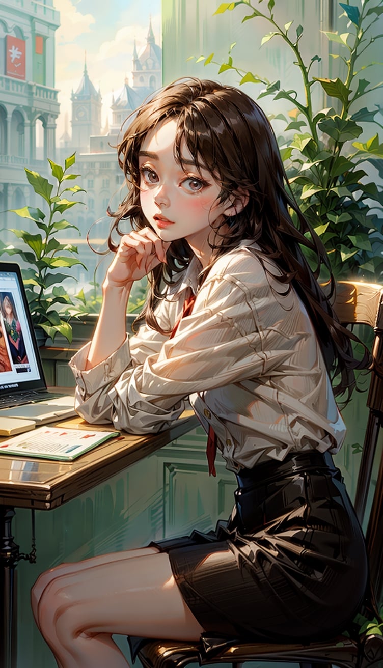 beautiful girl using notebook computer,sitting in cafe with X-mas tree and decoration,small face,red clothes,watercolor,by catherine kehoe,jenny saville and liu xiaodong,1 girl,kwon-nara