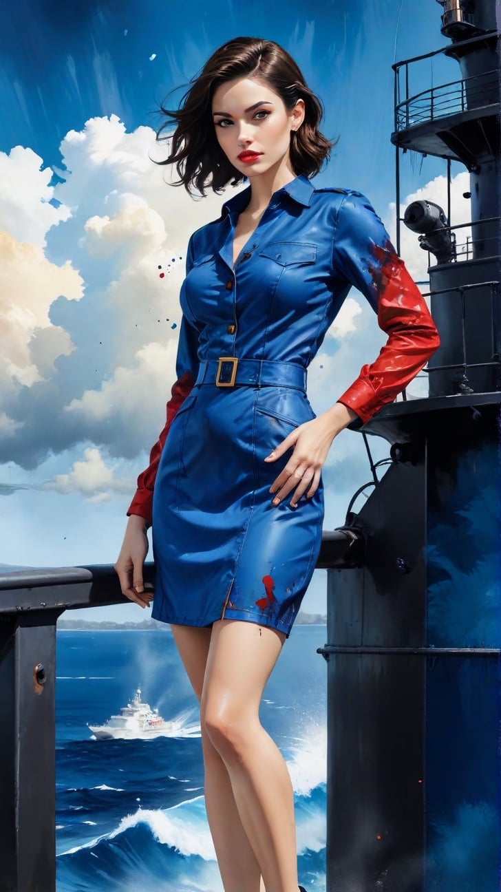 (alcohol ink watercolor art) of a beautiful 20yo US Navy officer in Navy uniform standing on a ship,exquisite face,perfect female form,model body,heels,backdrop of US Navy cruise ship in the ocean,sky,clouds
BREAK 
colorful splatters and ink stains backdrop,(Frank Miller's Sin City style:1.3),trending on artstation,CG society,(rule of thirds:1.3),art_booster,minimalist,amazing quality,artint