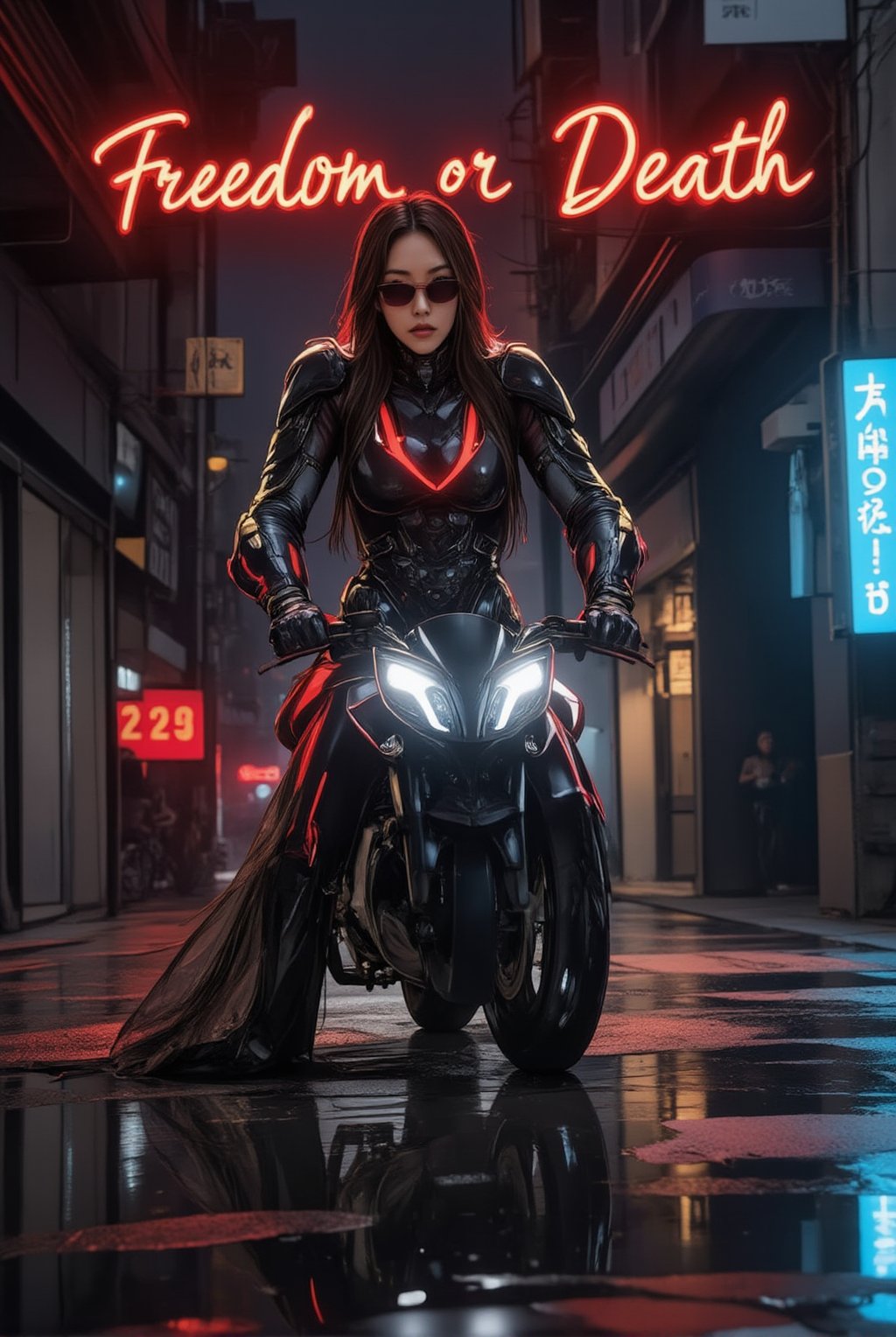 a cyborg girl in mecha armor. Black and red colored armor. neon light lines glowing, exquisite face, soft shiny skin, longhair blowing, sunglasses. riding a motor cycle, kawasaki ninja h2 carbon at high speed,city street backdrop,puddles,focused expression,dark,(((Big neon light saying "Freedom or Death" in the background)))
BREAK
realistic,detailed,sharp focus,high contrast,rule of thirds,depth of perspective,award-winning photo,chiaroscuro lighting,ek_g1rl_02,ink style