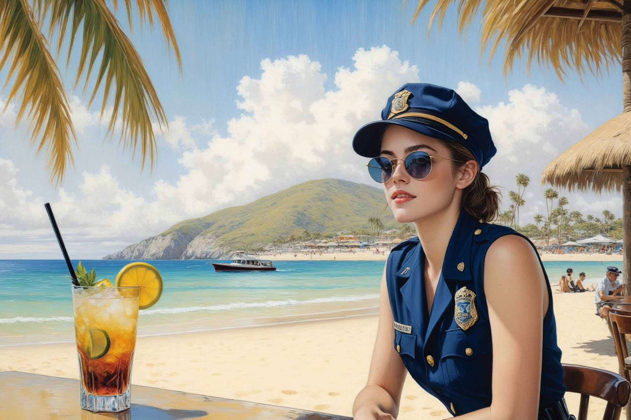 Hyper-Realistic photo of a beautiful LAPD police officer sitting in a cocktail bar on a beach,20yo,1girl,solo,LAPD police uniform,cap,detailed exquisite face,soft shiny skin,smile,looking at viewer,Kristen Stewart lookalike,cap,sunglasses,fullbody:1.3
BREAK
backdrop:cocktail bar,table,cocktail,beach,sky,boat,[cluttered maximalism]
BREAK
settings: (rule of thirds1.3),perfect composition,studio photo,trending on artstation,depth of perspective,(Masterpiece,Best quality,32k,UHD:1.4),(sharp focus,high contrast,HDR,hyper-detailed,intricate details,ultra-realistic,kodachrome 800:1.3),(cinematic lighting:1.3),(by Karol Bak$,Alessandro Pautasso$,Gustav Klimt$ and Hayao Miyazaki$:1.3),art_booster,photo_b00ster, real_booster