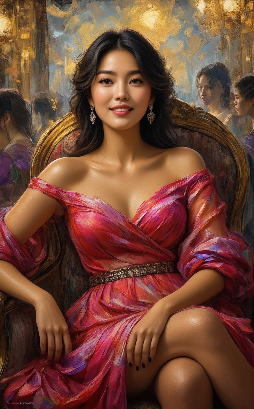 An abstract painting capturing the tragic irony of a beautiful young woman in a totalitarian regime, blissfully unaware of her own oppression. The central figure is a vibrant, elegantly dressed woman with a radiant smile, her face glowing with an almost artificial joy. She lounges in a luxurious setting, surrounded by symbols of wealth—jewels, fine clothes, and lavish decor—yet there’s a hollow, detached quality to her expression. The scene is painted in rich, vivid colors—gold, bright pinks, and shimmering whites—creating a sharp contrast to the underlying dark truth of her existence. In the background, faceless figures—citizens of the regime—are depicted in shadowy hues of grey and black, representing those who suffer in silence. The woman is surrounded by screens or mirrors reflecting distorted images of reality, as the regime feeds her false narratives and propaganda, preventing her from seeing the truth. Despite her outward appearance of happiness, subtle cracks form in her surroundings, suggesting the fragility of the illusion she lives in. Faint, ghostly faces of the oppressed emerge from the shadows, invisible to her, symbolizing the hidden suffering she is blind to. The overall scene is a tragic parody of human existence under totalitarian control, where ignorance is bliss, and beauty is nothing more than a facade masking a deeper, unacknowledged despair.
BREAK
detailed,sharp focus,high contrast,rule of thirds,depth of perspective,award-winning photo,chiaroscuro lighting,ek_g1rl_02,ek_art_b00ster