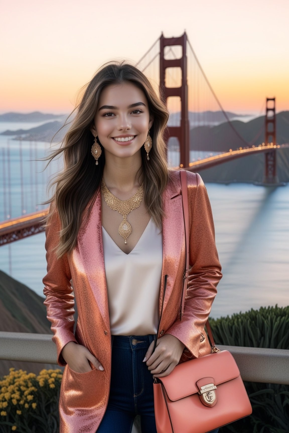 Hyper-Realistic photo of a french girl,20yo,1girl,perfect female form,perfect body proportion,perfect anatomy,coral color,elegant jacket,detailed exquisite face,soft shiny skin,smile,mesmerizing,long hair,small earrings,necklaces,prada bag
BREAK
(backdrop of vista point of Golden Gate Bridge in San Francisco,sunset),(fullbody:1.2)
BREAK
(rule of thirds:1.3),perfect composition,studio photo,trending on artstation,(Masterpiece,Best quality,32k,UHD:1.5),(sharp focus,high contrast,HDR,hyper-detailed,intricate details,ultra-realistic,award-winning photo,ultra-clear,kodachrome vintage:1.3),(chiaroscuro lighting,soft rim lighting:1.2),by Karol Bak,Gustav Klimt and Hayao Miyazaki,real_booster, photo_b00ster,ani_booster,art_booster