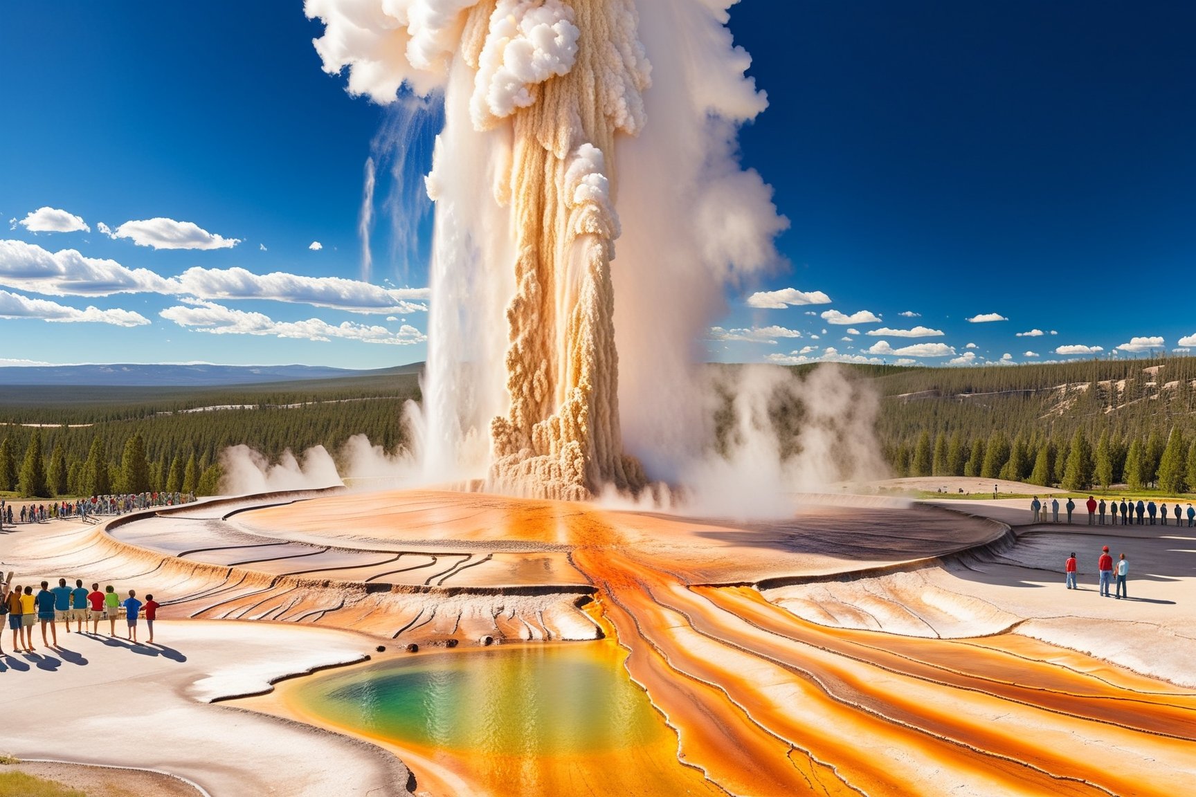 ((Hyper-Realistic)) detailed photography of Old Faithful \(oldfa1thfu1\) in Yellowstone,outdoors,multiple boys,sky, day,tree,scenery,6+boys,realistic,photo background,many people watching smoke eruption,highly realistic eruption,highly detailed soil,mostly white soil with some brown
BREAK 
aesthetic,rule of thirds,depth of perspective,perfect composition,studio photo,trending on artstation,cinematic lighting,(Hyper-realistic photography,masterpiece, photorealistic,ultra-detailed,intricate details,16K,sharp focus,high contrast,kodachrome 800,HDR:1.2),photo_b00ster,real_booster,ye11owst0ne,(oldfa1thfu1:1.2),more detail XL