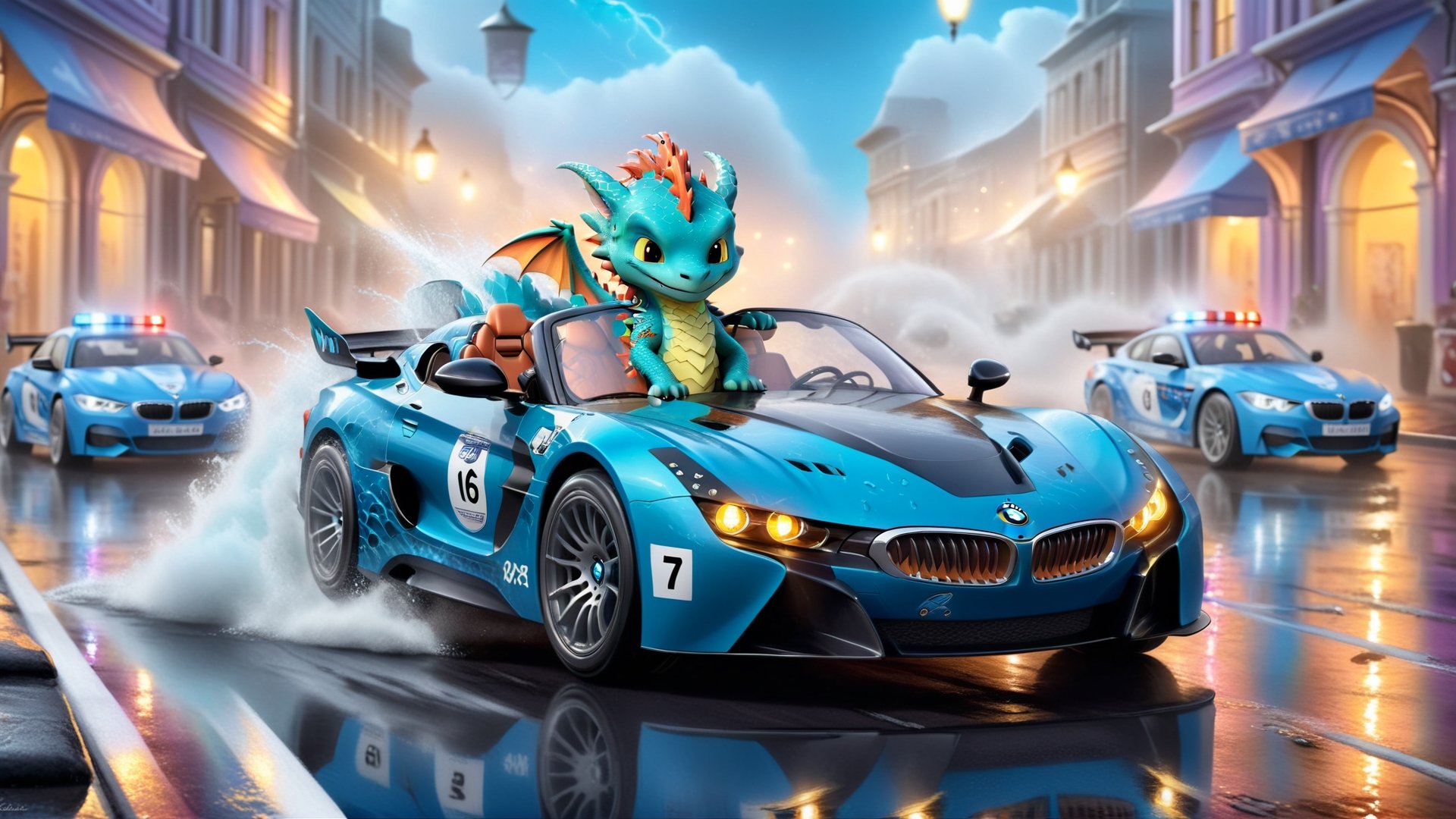 Ultra-realistic photo of cute dragon boy driving a racing car \(BMW Gina 2008\) competing other cars at dark night,(stunning racing car decals:1.5),(body color:Cosmic Carbon Gray with Blue Glow),shiny spinning wheels,(wheel color: Black Chrome),glossy and luxurious alloy wheel,(bright turned on symmetrical head lights),silhouette in driver's seat,blurry city street backdrop,depth of perspective,(wide shot),rain,puddles,thunder storm, heavy fog,police car chasing from behind
BREAK
(symmetric:1.2),sharp focus,(high contrast:1.5),studio photo,trending on artstation,rule of thirds,perfect composition,(Hyper-detailed, masterpiece, HDR,16K,shiny,glossy,reflective:1.3),(by Chris Bangle),H effect,art_booster,real_booster,dragon_h