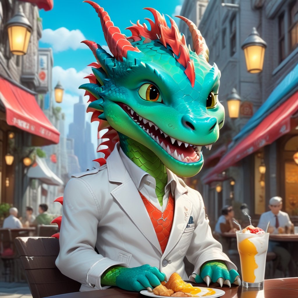 Cartoon: a very cute and young-looking dragon boy,eating American breakfast in a restaurant happily,cheerful,white jacket,(complex city street backdrop),cinematic lighting,rule of thirds,depth of perspective,trending on artstation,(hyper-realistic,Ultra-detailed,sharp focus,high contrast,HDR,masaterpiece,RAW photo),(fullbody:1.3),dragon_h,art_booster, real_booster,H effect