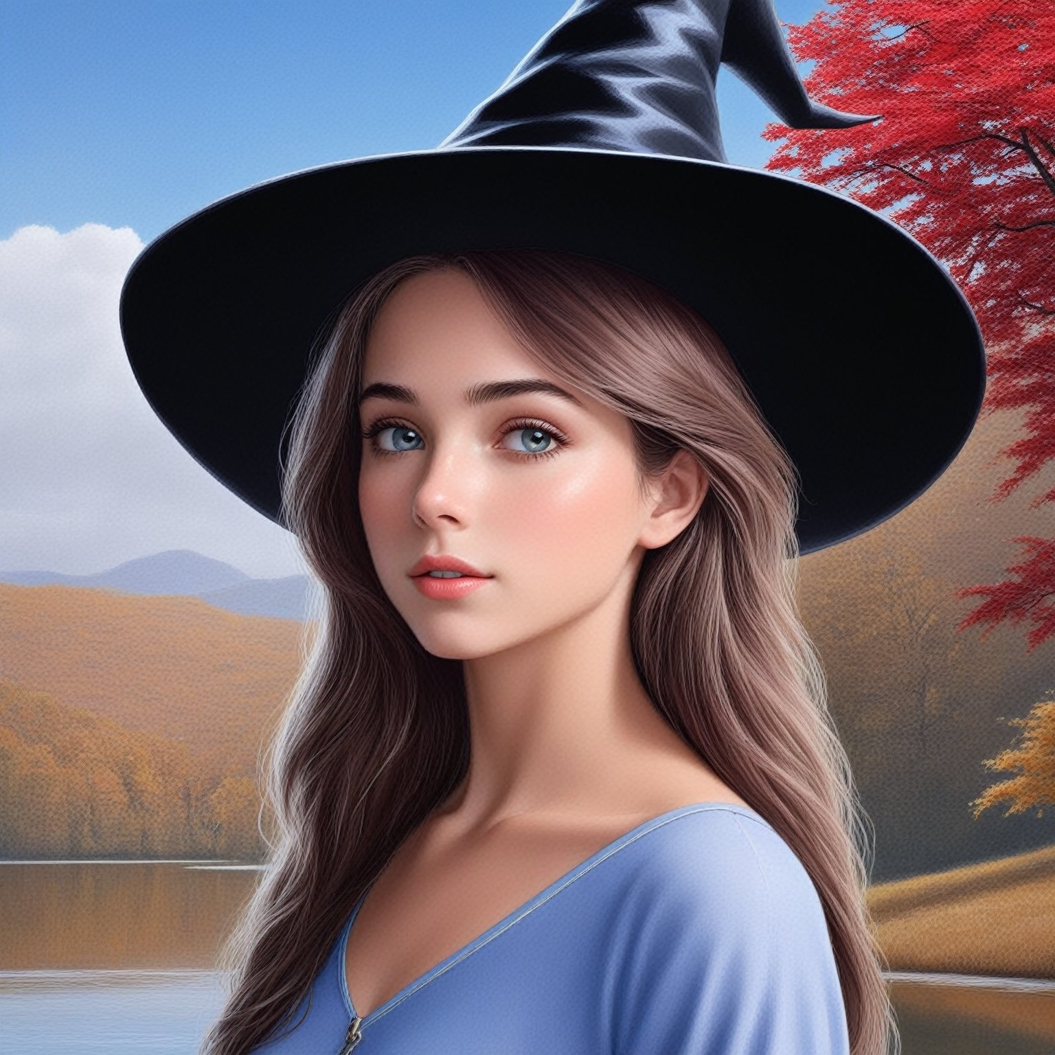 ((Ultra-Detailed)) halfbody portrait of a girl (wearing a witchhat:1.5),spanish girl,standing in front of a lake.1 girl,20yo,detailed exquisite face,soft shiny skin,playful smirks,detailed pretty eyes,glossy lips 
BREAK
[backdrop:beautiful lake,tree,autumn forest,blue sky,cloud],(girl focus)
BREAK 
(sharp focus,high contrast),studio photo,trending on artstation,(ultra-realistic,Super-detailed,intricate details,HDR,8K),chiaroscuro lighting,soft rim lighting,key light reflecting in the eyes,vibrant colors,by Karol Bak,Antonio Lopez,Gustav Klimt and Hayao Miyazaki,
(inkycapwitchyhat),real_booster,photo_b00ster,art_booster,ani_booster