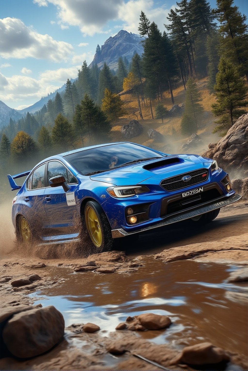 photo of Blue Subaru Impreza 2025 cornering and drifting beautifully at a mountain offroad muddy trail,splashing mud,Sports car,beautiful and complex racing livery,Blue color,shiny spinning wheels,glossy Yellow alloy rims,bright turned on head lights,driver silhouette,driving at high speed,(backdrop of Detailed Realistic mountain offroad trail for speed race,mountain view,trees,rock,hill,cloud,mud,cluttered maximalism),depth of perspective,vehicle focus,sports car,(wide shot) BREAK sharp focus,high contrast,studio photo,trending on artstation,rule of thirds,perfect composition,(Hyper-detailed,masterpiece,best quality,UHD,HDR,32K,shiny, glossy,reflective,kodachrome 800:1.3),.,ek_ph0t0_b00ster,ek_an1_b00ster,ek_art_b00ster,ek_game_3ffect