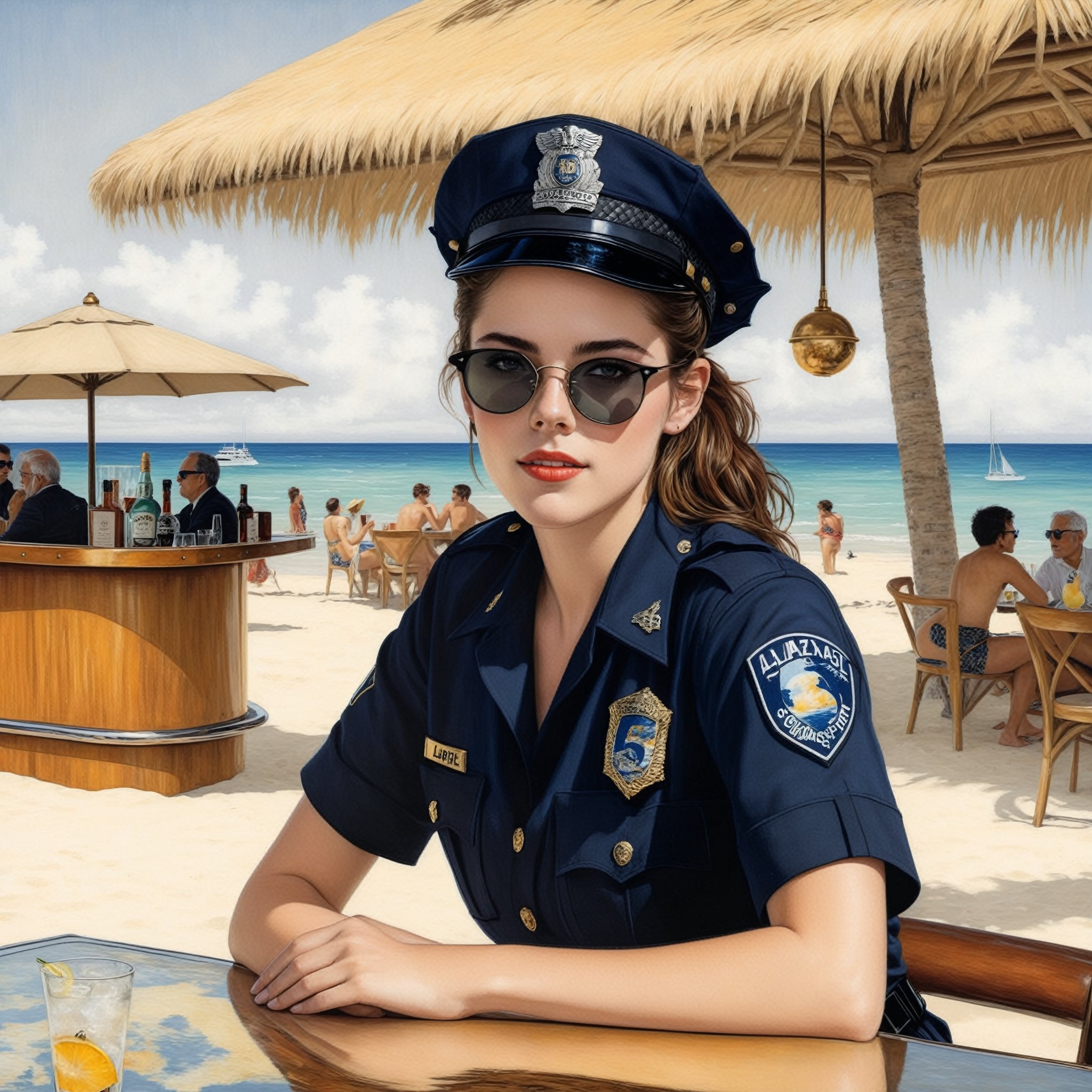 Hyper-Realistic photo of a beautiful LAPD police officer sitting in a cocktail bar on a beach,20yo,1girl,solo,LAPD police uniform,cap,detailed exquisite face,soft shiny skin,smile,looking at viewer,Kristen Stewart lookalike,cap,sunglasses,fullbody:1.3
BREAK
backdrop:cocktail bar,table,cocktail,beach,sky,boat,[cluttered maximalism]
BREAK
settings: (rule of thirds1.3),perfect composition,studio photo,trending on artstation,depth of perspective,(Masterpiece,Best quality,32k,UHD:1.4),(sharp focus,high contrast,HDR,hyper-detailed,intricate details,ultra-realistic,kodachrome 800:1.3),(cinematic lighting:1.3),(by Karol Bak$,Alessandro Pautasso$,Gustav Klimt$ and Hayao Miyazaki$:1.3),art_booster,photo_b00ster, real_booster