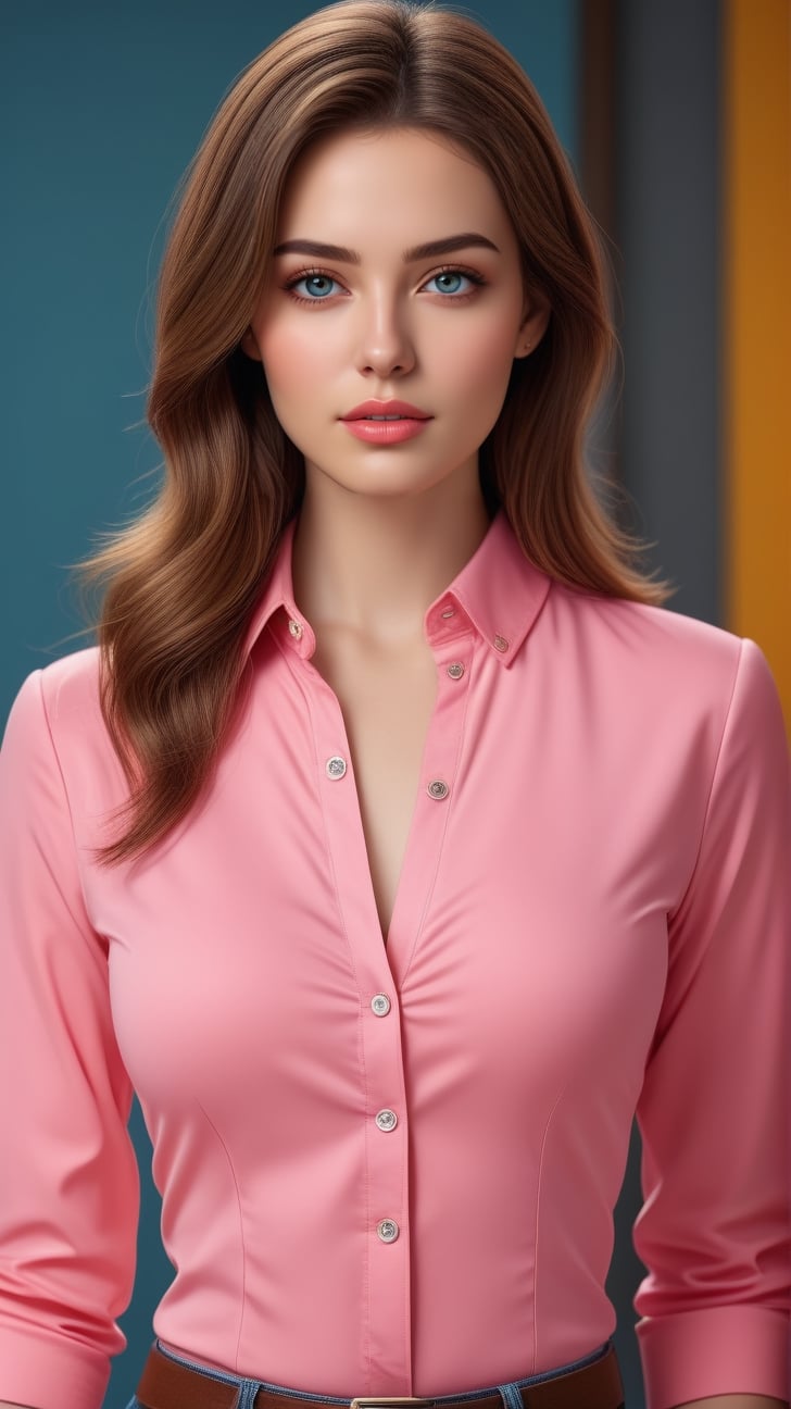 realistic portrait of a beautiful woman,20yo,alluring neighbor's wife,detailed exquisite symmetric face,soft shiny skin,sharp high nose,dishelved hair,hourglass figure,perfect female form,slim and tall model body,perfect in every way,elegant jacket on shirt,bokeh backdrop, Coral Pink, Mustard Yellow, Grayish Blue colors,studio photo,cinematic lighting,trending on artstation,rule of thirds,(highly detailed,ultra realistic,sharp focus,high contrast,HDR,RAW photo:1.2),(cowboy shot:1.2),art_booster,<lora:659095807385103906:1.0>