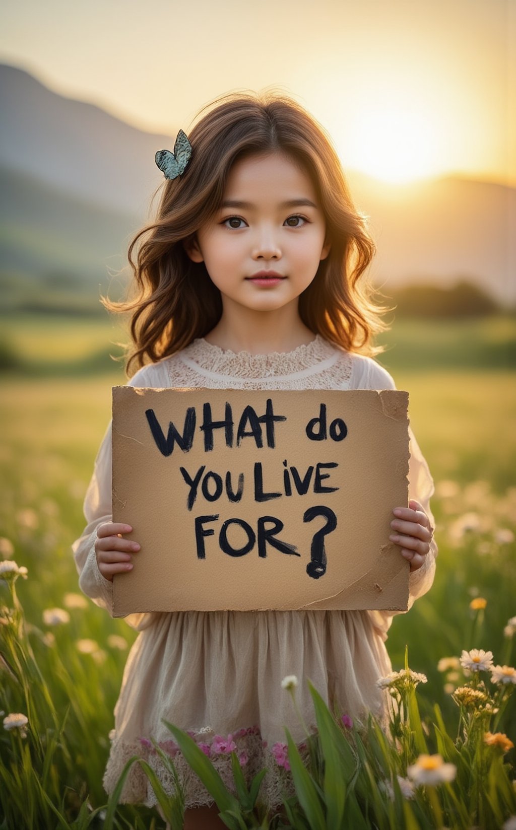 An enchanting and harmonious scene featuring a young girl standing in a peaceful, natural setting. She is holding a small sign with the handwritten words, 'What do you live for?' in soft, playful script. The girl has an innocent, curious expression, her wide eyes sparkling with wonder as she gazes directly at the viewer. Her dress is simple, in pastel colors, fluttering slightly in the gentle breeze, and her hair falls softly around her face. The background is a soft blend of nature—green meadows, distant mountains, and a warm, golden sky that suggests either sunrise or sunset, giving the scene a dreamlike quality. Delicate flowers bloom at her feet, and butterflies or birds hover nearby, adding to the sense of purity and calm. Despite the simplicity of the question on her sign, the moment feels profound, as if the childlike innocence behind the question invites deep reflection. The overall atmosphere is one of peace, purity, and gentle introspection, where the child's playful curiosity serves as a poignant reminder of life’s deeper meaning.
BREAK
detailed,sharp focus,high contrast,rule of thirds,depth of perspective,award-winning photo,chiaroscuro lighting,ek_g1rl_02,ek_art_b00ster