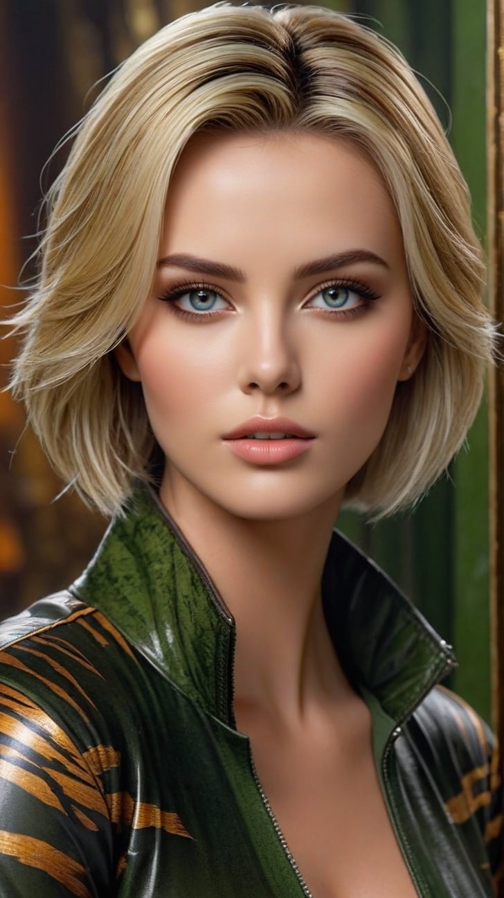 Hyper-realistic portrait of a gorgeous girl posing in photo studio,23yo,(Charlize Theron),alluring neighbor's wife,clear facial features,perfect female form,model body,bokeh backdrop,jacket on shirt,studio photo,(Persian Orange,Tiger Eye,Olive Green color),trending on artstation,(Hyper-realistic photography,Masterpiece, HDR,Hyper-detailed,intricate details,Kodakchome 800:1.2),Cinematic lighting,by Karol Bak Alessandro Pautasso and Hayao Miyazaki,real_booster,art_booster