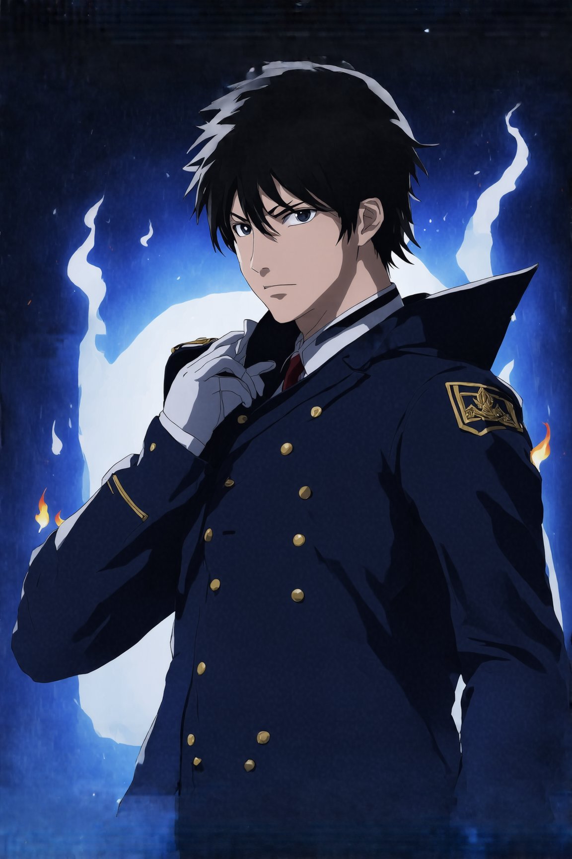 Roy Mustang, a lone figure shrouded in darkness, gazes directly at the viewer with an expressionless face, black hair neatly styled, and white gloves glistening under the dim light. He stands tall, sleek army colonel uniform perfectly aligned, military coat on shoulders, blue pants reflecting the faint embers of flames dancing nearby. His eyes gleam like polished coal, a hint of seriousness etched on his face as he adjusts his jacket's collar. Flickering sparks with flames illuminate the dark tunnel backdrop, where the edges of his long sleeves and gloves seem to absorb the light.
BREAK 
(rule of thirds:1.3),perfect composition,trending on artstation,(thick and clear drawing lines:1.3),(masterpiece,best quality,32K,UHD,sharp focus,high contrast,hyper-detailed,intricate details,ultra-clear,cinematic lighting,vivid colors:1.5),ek_ani_b00ster,ek_art_b00ster