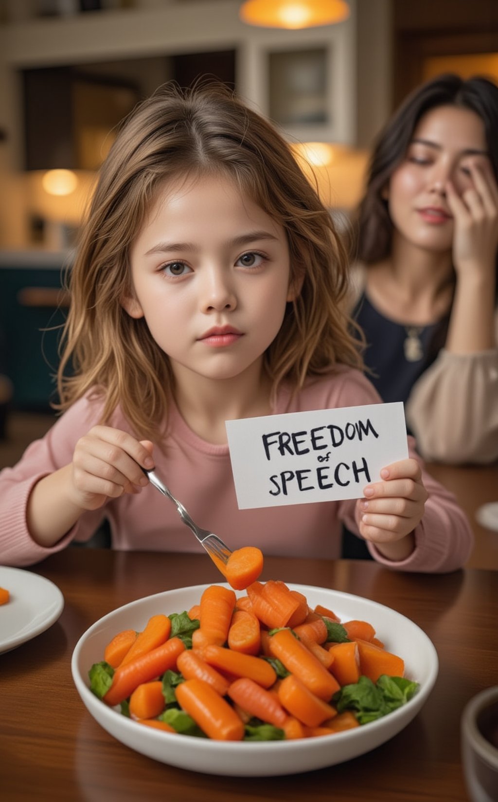 A playful, satirical scene of a young girl sitting defiantly at the dining table, holding a 'Freedom of Speech' sign with both hands. She’s pouting and stubbornly refusing to eat the carrot on her plate, as if it’s the ultimate symbol of oppression. Her big, expressive eyes show a mix of determination and rebellion, while her small feet dangle just above the floor. Across the table, her father sits with one hand covering his face in frustration, clearly exasperated by the situation. His other hand rests on the table, gripping a fork as if he's on the verge of giving up. Meanwhile, the girl’s mother stands nearby, laughing quietly at the scene, amused by the child’s dramatic protest. The kitchen setting is warm and homely, with a cozy dining table positioned near the stove and countertops. The humorous scene is a playful parody of resistance against censorship, echoing the spirit of defiance in totalitarian societies. The child’s refusal to eat her carrots becomes a symbolic stand for freedom of speech, as her sign and expression parody the gravity of much larger protests." This prompt turns a simple family dinner into a humorous yet satirical reflection on freedom and resistance.
BREAK
realistic,detailed,sharp focus,high contrast,rule of thirds,depth of perspective,award-winning photo,chiaroscuro lighting
BREAK
ek_g1rl_02,ek_art_b00ster,beauy_ks01, ek_ph0t0_b00ster