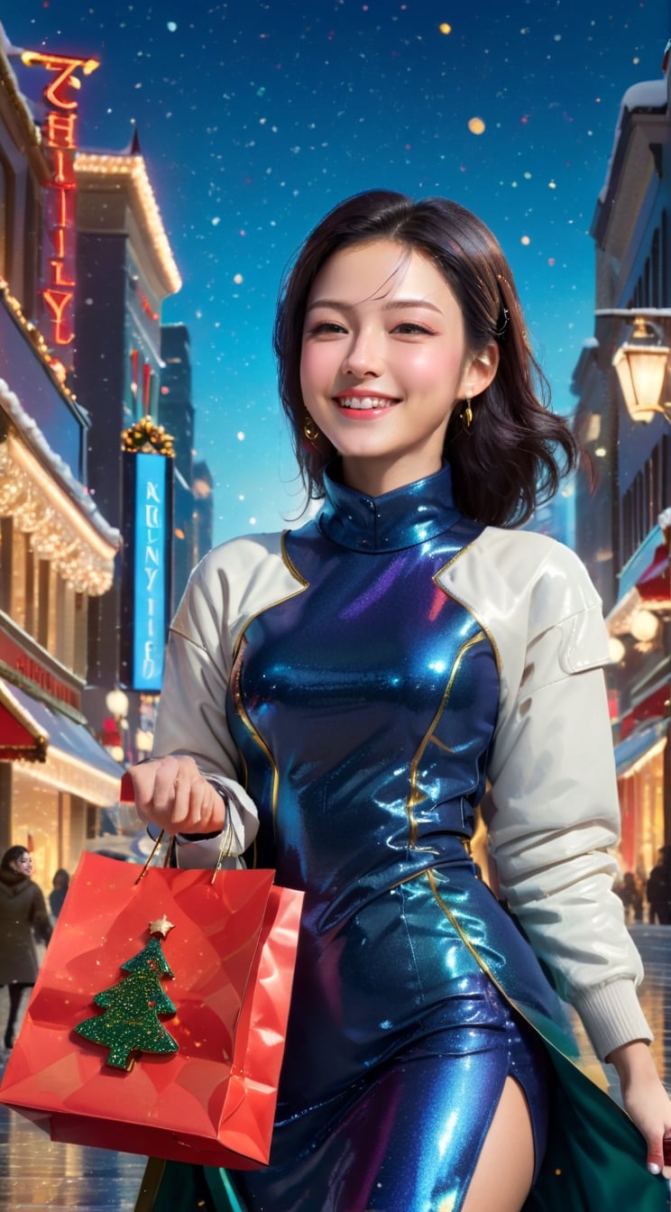 "Generate an image of a sophisticated young woman (23 years old) embracing the Christmas spirit as she indulges in holiday shopping at a chic city department store. Dressed in trendy winter attire, she navigates through the glittering displays, carefully selecting gifts with a discerning eye. The bustling atmosphere is filled with festive decorations, sparkling lights, and the joyful hum of holiday music. The woman carries elegant shopping bags, and her face radiates excitement and satisfaction as she explores the upscale boutiques. This scene captures the glamour and thrill of Christmas shopping in a stylish urban setting." BREAK

(masterpiece,best quality,ultra-detailed,8K,intricate, realistic:1.3),(full body, wide shot:1.3),rule of thirds,vibrant colors,hourglass figure,slim and tall,smile,black hair,sharp nose, earrings,jewelry, shiny skin, detailed exquisite face,cinematic lighting,1 girl,Color Booster, leonardo,style,cyberpunk style,greg rutkowski,koh_yunjung