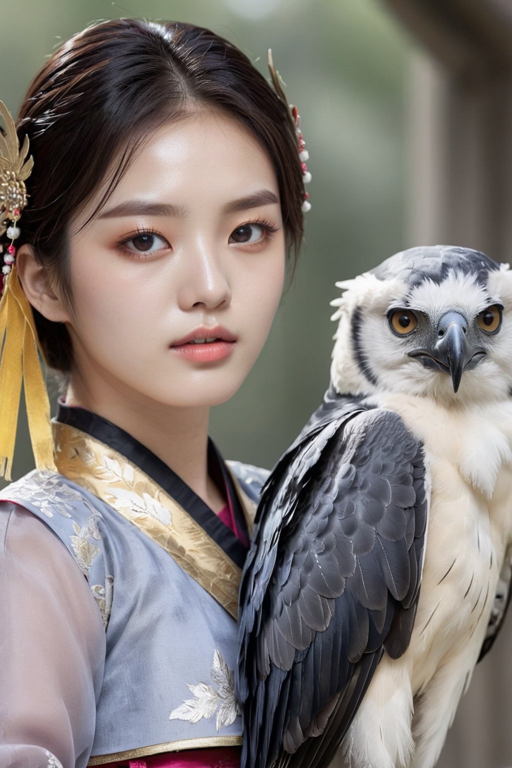 (1 22yo Korean idol girl),((best quality, 8k, masterpiece: 1.3)),focus:1.2,perfect body beauty:1.4,(smile: 1.2),(old palace in korea: 1.5),highly detailed face and skin texture,delicate eyes,double eyelids,whitened skin,(sharp high nose),(air bangs: 1.3),(round face: 1.5))
BREAK
1 harpy eagle flying,girl training a harpy eagle,harpy eagle spreading its wings from girl's shoulder,(girl wearing traditional Korean dress \(Black and Gold Cheollik\):1.2)
BREAK
random model pose,Head size in proportion to the body, Young beauty spirit,inkGirl,Hanbok,clear border,Clothing made of very thin silk,((full body shot1.2))
BREAK
(Masterpiece,Best quality,32k,UHD:1.5),(Sharp focus, High contrast,HDR,Hyper-detailed,award-winning photo,kodachrome 800:1.3),(cinematic lighting:1.2),(1girl:1.3),real_booster,art_booster