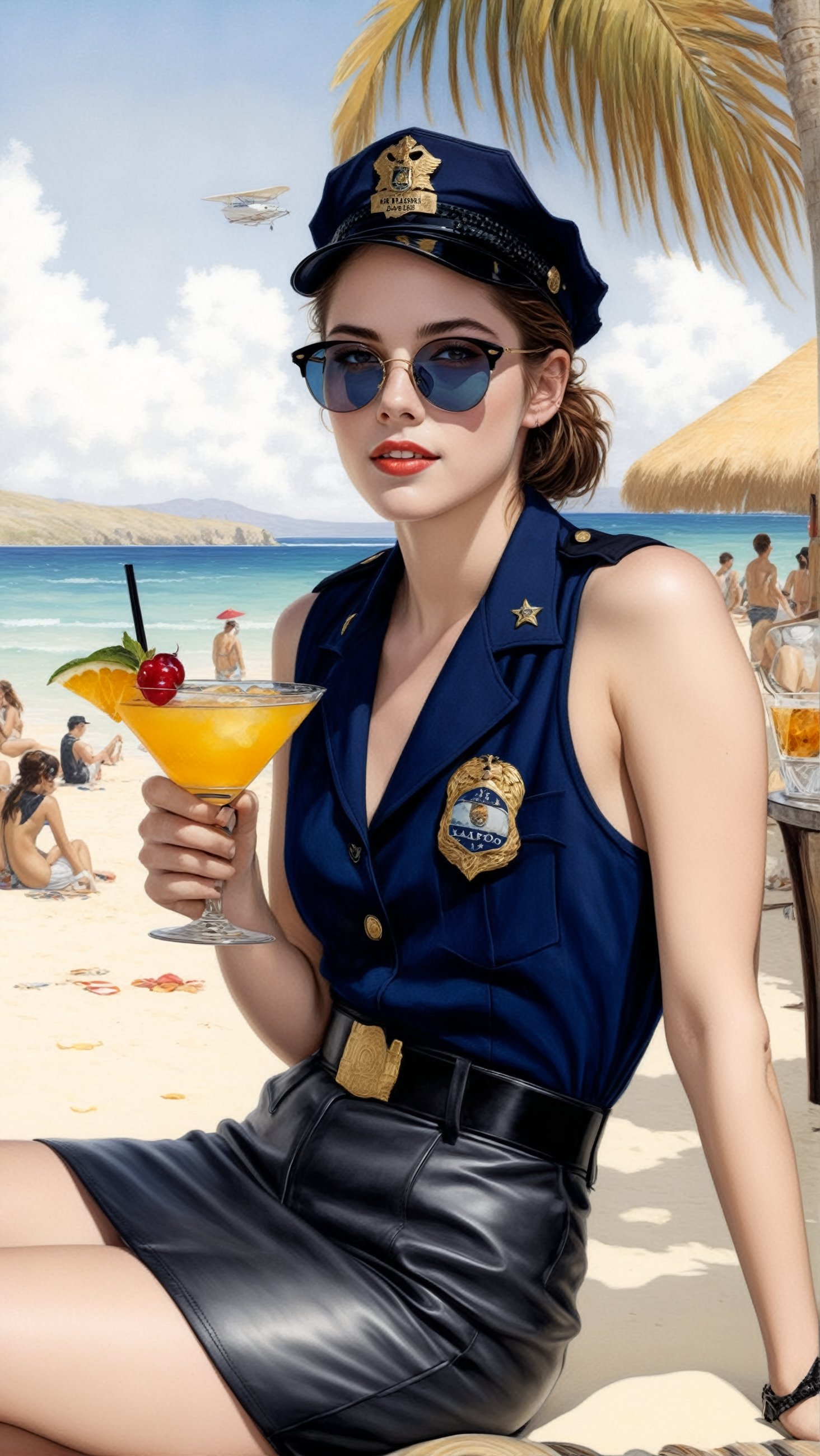 Hyper-Realistic photo of a beautiful LAPD police officer sitting in a cocktail bar on a beach,20yo,1girl,solo,LAPD police uniform,cap,detailed exquisite face,soft shiny skin,smile,looking at viewer,Kristen Stewart lookalike,cap,sunglasses,fullbody:1.3
BREAK
backdrop:cocktail bar,table,cocktail,beach,sky,boat,[cluttered maximalism]
BREAK
settings: (rule of thirds1.3),perfect composition,studio photo,trending on artstation,depth of perspective,(Masterpiece,Best quality,32k,UHD:1.4),(sharp focus,high contrast,HDR,hyper-detailed,intricate details,ultra-realistic,kodachrome 800:1.3),(cinematic lighting:1.3),(by Karol Bak$,Alessandro Pautasso$,Gustav Klimt$ and Hayao Miyazaki$:1.3),art_booster,photo_b00ster, real_booster