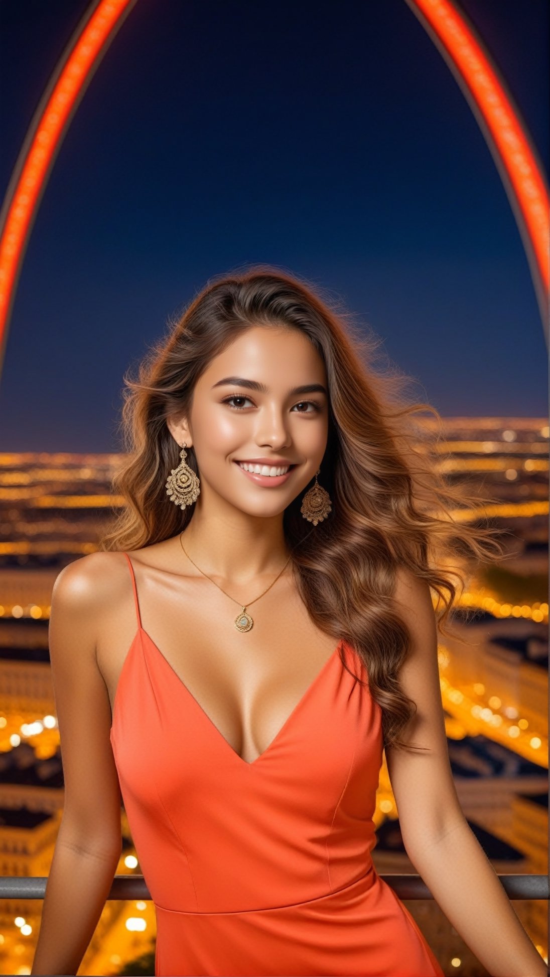 Hyper-Realistic photo of a brazilian girl,20yo,1girl,perfect female form,perfect body proportion,perfect anatomy,coral color,elegant dress,detailed exquisite face,soft shiny skin,smile,mesmerizing,disheveled long hair,small earrings,necklaces
BREAK
(backdrop of night view of Vienna, like a scene from a movie, seen from inside the Ferris wheel in Vienna, the capital of Austria),(fullbody:1.2),(highheels:1.2),girl focus
BREAK
(rule of thirds:1.3),perfect composition,studio photo,trending on artstation,(Masterpiece,Best quality,32k,UHD:1.5),(sharp focus,high contrast,HDR,hyper-detailed,intricate details,ultra-realistic,award-winning photo,ultra-clear,kodachrome 800:1.3),(chiaroscuro lighting,soft rim lighting:1.2),by Karol Bak,Gustav Klimt and Hayao Miyazaki,real_booster, photo_b00ster,ani_booster