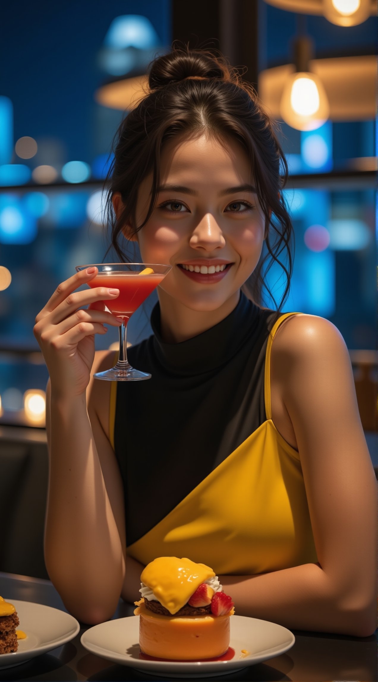 a beautiful girl,exquisite face,soft shiny skin,smile,wearing urban high fashion style,in a skyview cafe at night,cocktail,dessert,city scrapes,chiaroscuro lighting,[cobalt blue and yellow colors],round chin no dimple,beauy_ks01,ek_ph0t0_b00ster