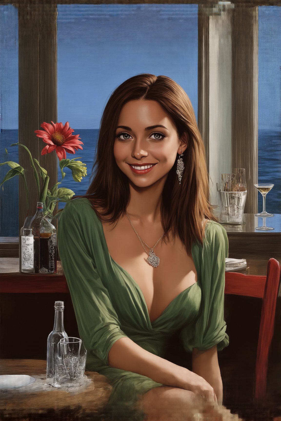 a girl sitting in a cafe,20yo,1girl,elegant dress,smile, long hair flowing on her shoulder naturally,small earrings, necklaces,(Modern Green and Red colors),Jessica ALba lookalike,(dark)
BREAK
backdrop:ocean view cafe,cocktail,bottle,window,flower,at night,cluttered maximalism

settings:(rule of thirds:1.3),perfect composition,depth of perspective,(masterpiece,best quality,detailed,realistic), chiaroscuro lighting
BREAK
by Antonio Lopez,Diego Koi,David Parrish,Canaletto and Edward Hopper,ek_real_b00ster,ek_art_b00ster,ek_ani_b00ster