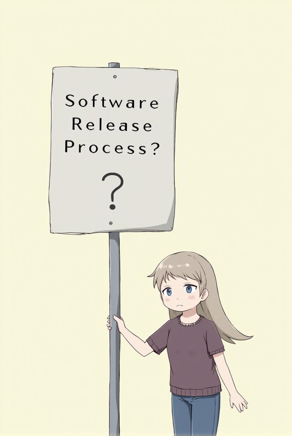 Anime of a cute girl holding a big post sign with text: "Software Release Process?". looking sad,simple background,by the style of Makoto Shinkai's artworks,ek_ph0t0_b00ster,ek_an1_b00ster