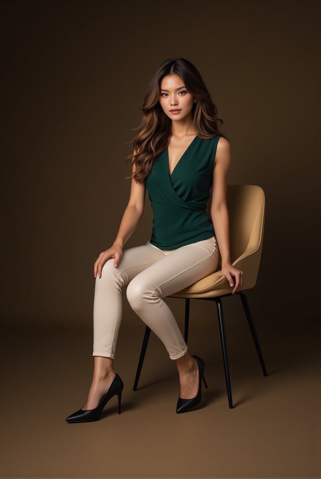 A stylish female fashion model sitting confidently on a chair, detailed exquisite face,wearing a sleek green top, cream leggings, and high heels. She strikes an elegant, bold pose with one leg slightly extended, showcasing her modern, sophisticated fashion and poise.
BREAK
detailed exquisite face,soft shiny skin,realistic,detailed,sharp focus,high contrast,rule of thirds,depth of perspective,award-winning photo,chiaroscuro lighting,ek_g1rl_02