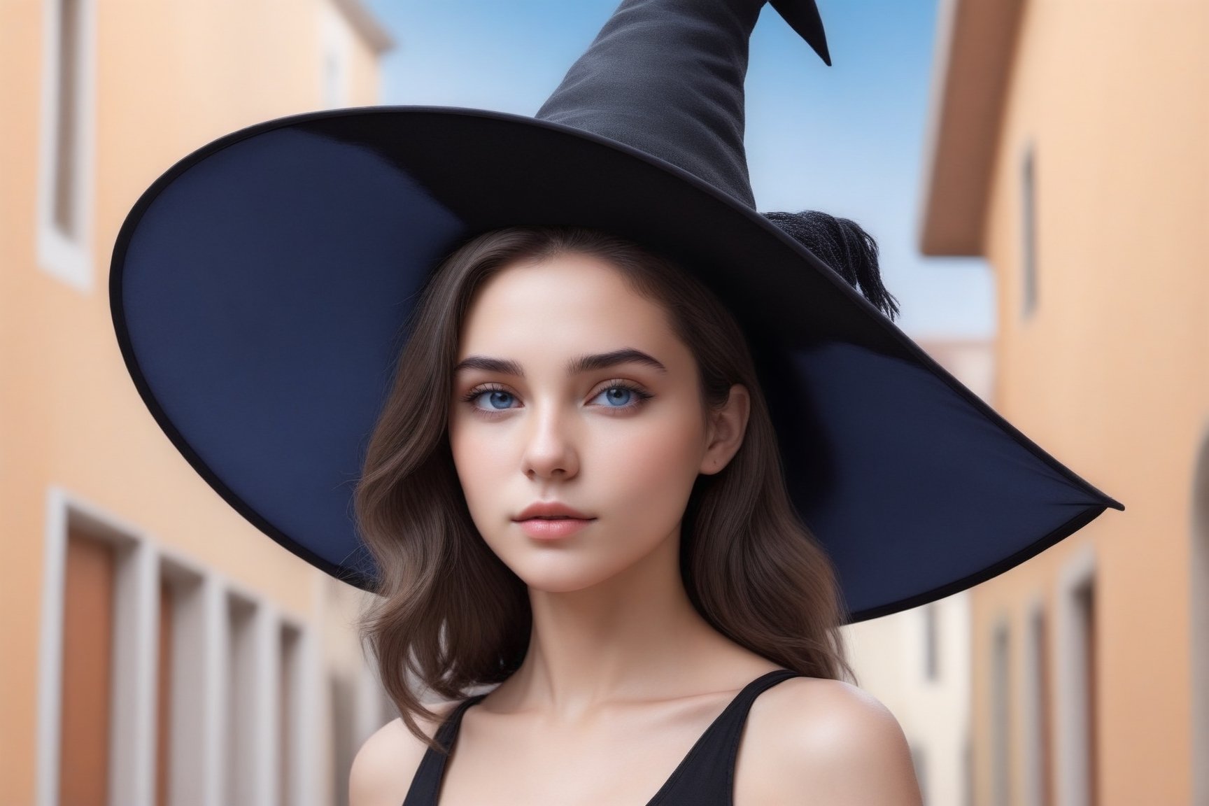 ((Ultra-Detailed)) halfbody portrait of a girl (wearing a witchhat:1.3),spanish girl,standing in a busy shoppping street,1 girl,20yo,detailed exquisite face,soft shiny skin,playful smirks,detailed pretty eyes,glossy lips 
BREAK
[backdrop:shopping street in a big city,people,cars,blue sky,cloud],(girl focus)
BREAK 
(sharp focus,high contrast),studio photo,trending on artstation,(ultra-realistic,Super-detailed,intricate details,HDR,8K),chiaroscuro lighting,soft rim lighting,key light reflecting in the eyes,vibrant colors,by Karol Bak,Antonio Lopez,Gustav Klimt and Hayao Miyazaki,
(inkycapwitchyhat),real_booster,photo_b00ster,art_booster,ani_booster