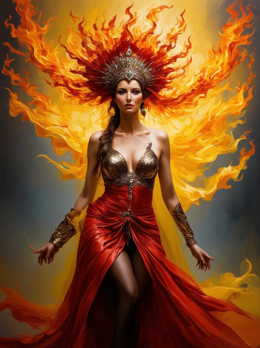 Create an oil painting in the style of Karol Bak, featuring a regal woman with an air of elegance and mystery. She should be adorned in intricate, flowing attire with a blend of metallic and organic textures. Her attire and headdress should incorporate elements of fire, giving the impression of flames and energy radiating around her. The color palette should be dominated by vibrant oranges, yellows, and reds, with rich contrasts and dynamic brushstrokes to evoke a sense of movement and intensity. The woman's expression should be confident and captivating, and the overall composition should be surreal and fantastical, with attention to fine details and a dramatic atmosphere,ek_art_b00ster