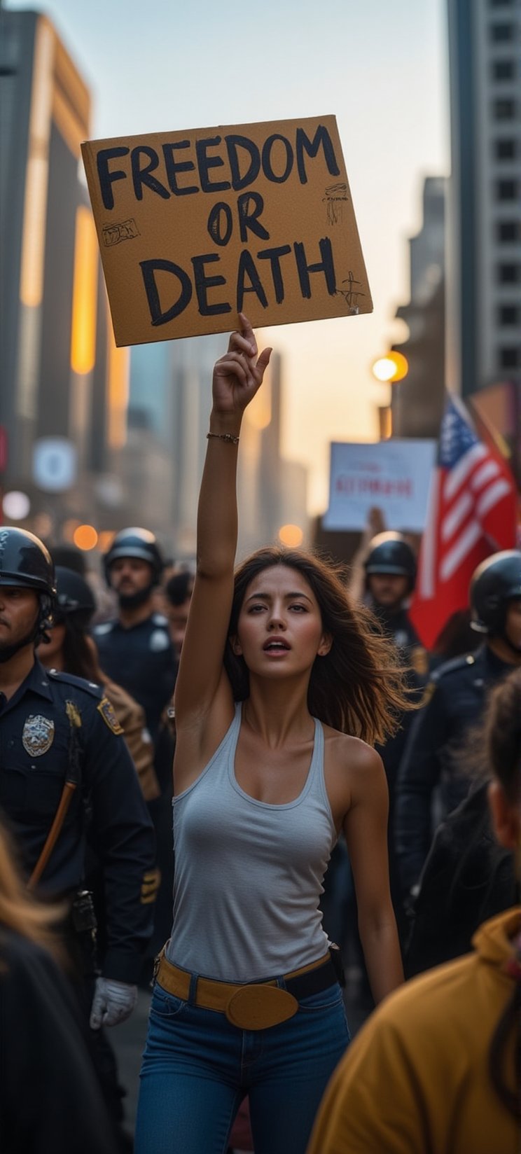 Anime of a powerful scene of a beautiful, determined woman leading a protest march, standing at the forefront of a crowd. She holds a bold, hand-painted banner that reads 'Freedom or Death,' her eyes filled with courage as she shouts passionately, her voice carrying over the crowd. The woman is not alone—beside her, protesters march in solidarity, gripping the edges of the same banner, their faces showing the same resolve and defiance. The atmosphere is tense, as uniformed police officers surround the group on all sides, their presence creating a stark contrast to the hopeful, fearless energy of the marchers. The woman’s posture is unwavering, her fist raised high as she leads the chant, symbolizing resistance and the fight for freedom. The scene captures a moment of bravery, where a single voice, joined by many, stands firm against oppression, with the looming threat of force ever-present. The tension in the air is palpable, but the spirit of the protesters remains unbroken." This prompt captures the emotion and intensity of a protest where the fight for freedom takes center stage.
BREAK
anime style by makoto shinkai,detailed,sharp focus,high contrast,rule of thirds,depth of perspective,award-winning photo,chiaroscuro lighting
BREAK
ek_g1rl_02,ek_art_b00ster,beauy_ks01, ek_ph0t0_b00ster,ek_an1_b00ster