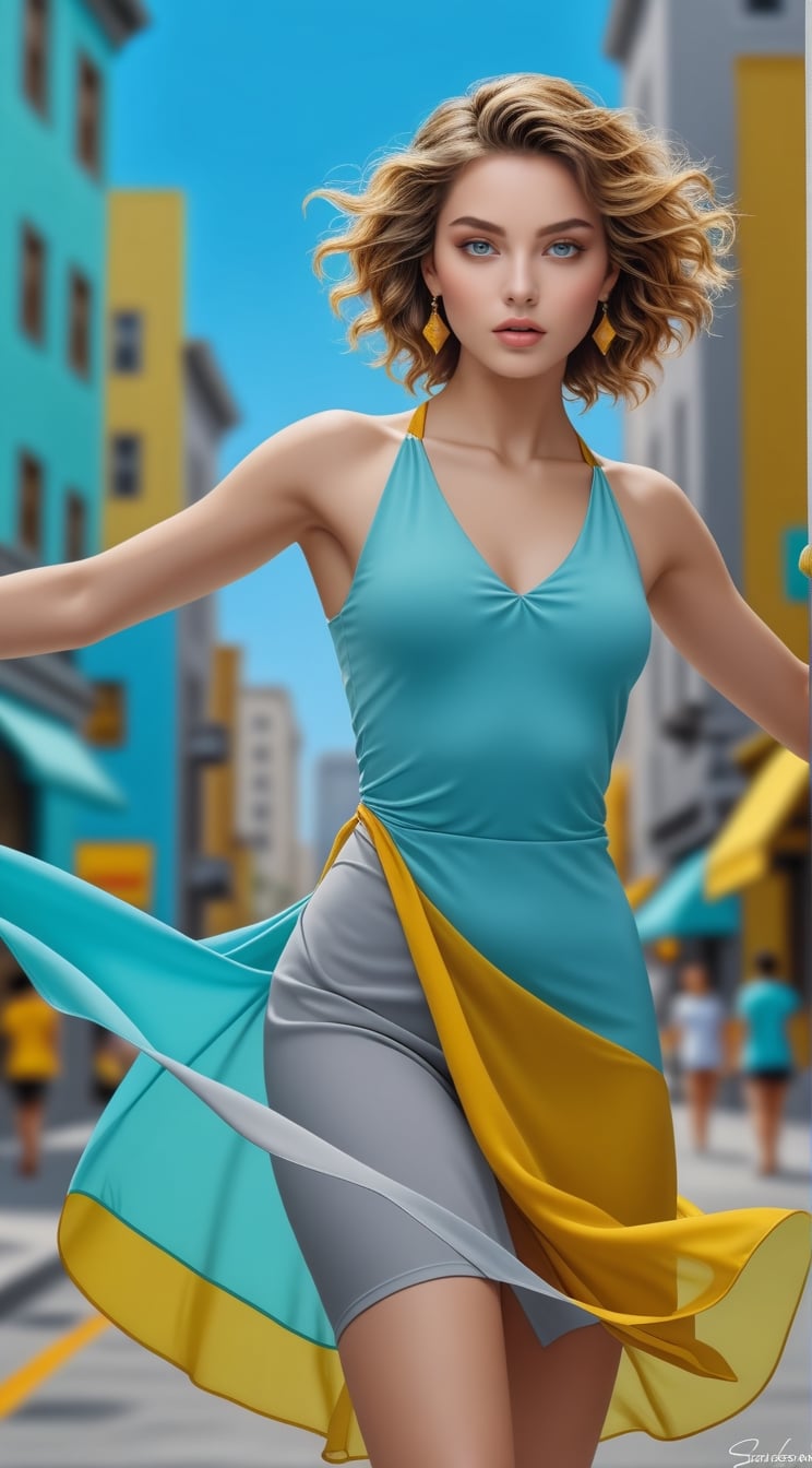 ((Hyper-realistic)) portrait of a sophisticated girl,20yo,dancing gracefully,alluring neighbor's wife,clear facial features,perfect female form,model body,city street backdrop,studio photo,(Turquoise, Baby Blue, Mustard Yellow, Gray color),ethereal chiffon with folds blowing,trending on artstation,(Hyper-realistic photography,Masterpiece,HDR,Hyper-detailed,intricate details,Kodakchome 800:1.2),(fullbody shot), Chiaroscuro lighting,by Sakimichan,Yoji Shinkawa and Serafleur,real_booster,art_booster,H effect,more detail XL,<lora:659095807385103906:1.0>