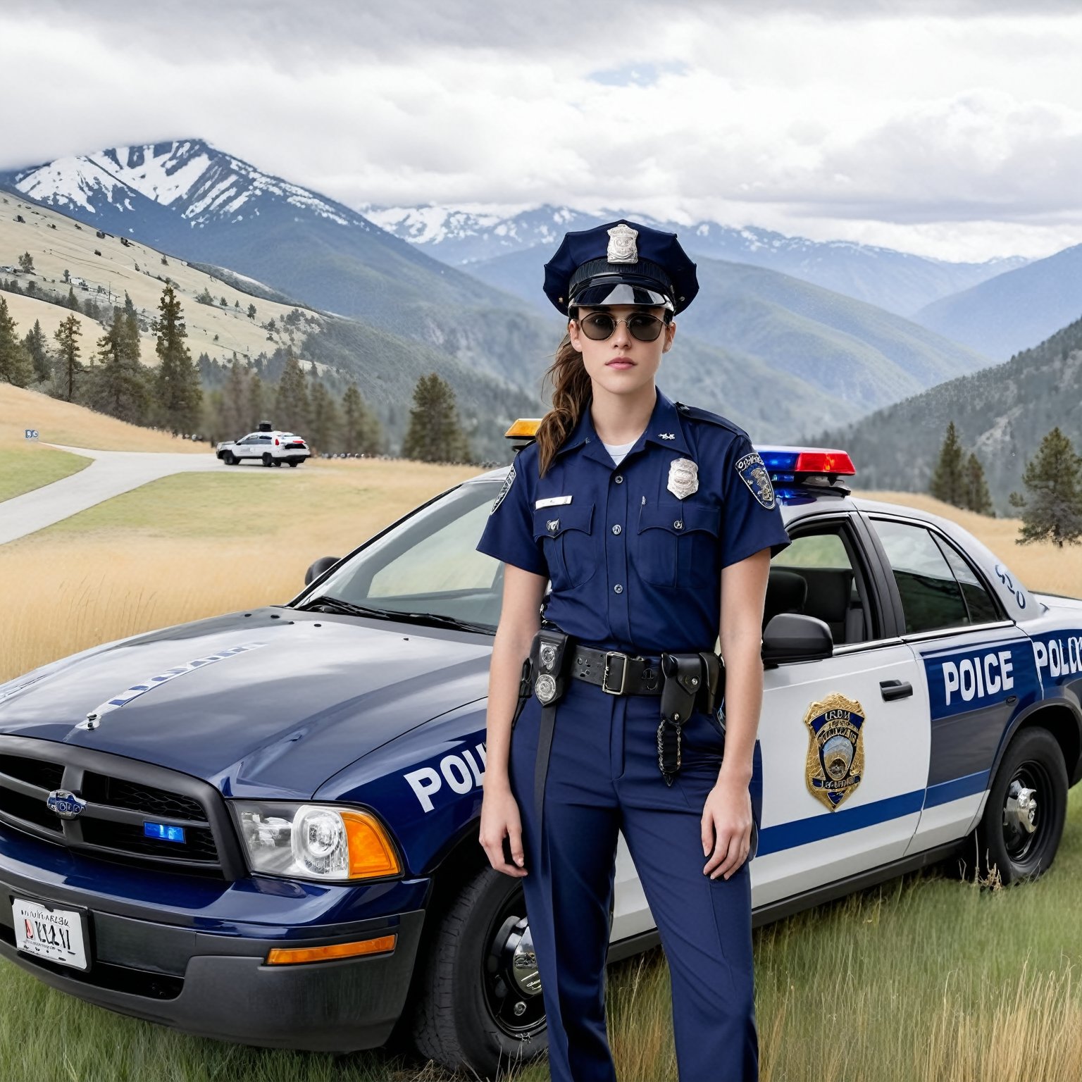 Hyper-Realistic photo of a beautiful LAPD police officer,20yo,1girl,solo,LAPD police uniform,cap,detailed exquisite face,soft shiny skin,smile,sunglasses,looking at viewer,Kristen Stewart lookalike,cap,fullbody:1.3
BREAK
backdrop:lamarva11ey,outdoors,sky,day, cloud,tree,cloudy sky,grass,nature, beautiful scenery,mountain,winding road,landscape, american bisons,police car,(girl focus),[cluttered maximalism]
BREAK
settings: (rule of thirds1.3),perfect composition,studio photo,trending on artstation,depth of perspective,(Masterpiece,Best quality,32k,UHD:1.4),(sharp focus,high contrast,HDR,hyper-detailed,intricate details,ultra-realistic,kodachrome 800:1.3),(cinematic lighting:1.3),(by Karol Bak$,Alessandro Pautasso$,Gustav Klimt$ and Hayao Miyazaki$:1.3),art_booster,photo_b00ster, real_booster,y0sem1te,Ye11owst0ne