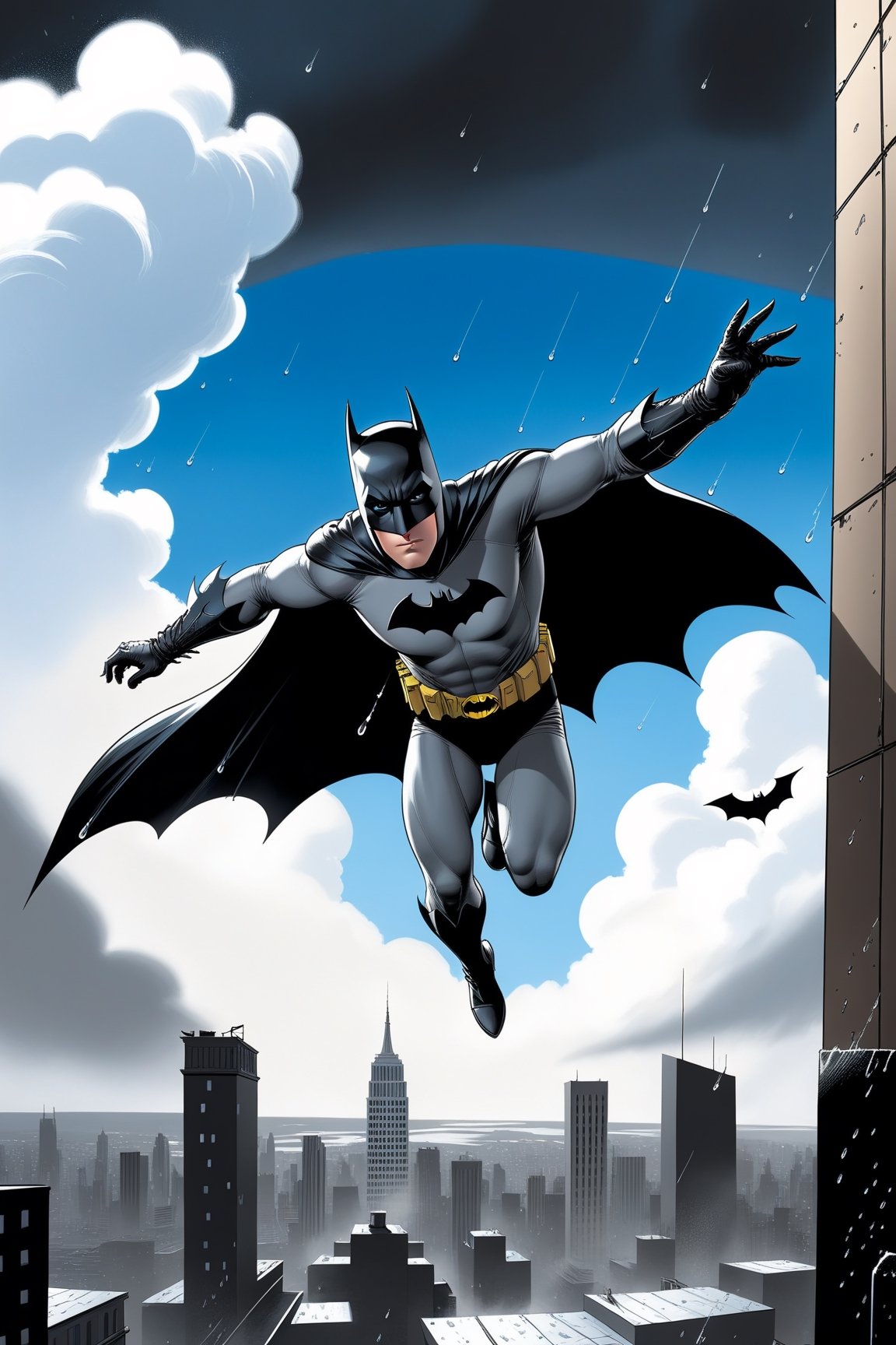 Digital illustration of Batman flying down from a building top,gloves,1boy,male focus,sky,cloud,cape,bodysuit, mask,bird,building,flying,city,superhero,rainy,very dark,view from the ground
BREAK
(rule of thirds:1.3),depth of perspective,studio photo,perfect composition,trending on artstation,finesse of pen and ink,by Frank Miller \(Sin City style\),(masterpiece,best quality,32K,UHD,sharp focus,high contrast), real_booster,art_booster,ani_booster