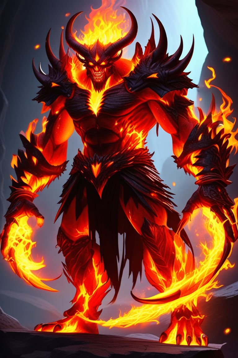 a devil monster stands in dark cave. He uses the magic ring and turns into the ultimate form of a fire magic \(ek_ge1frt\) monster,fire elemental effect,ek_game_3ffect,ek_real_b00ster