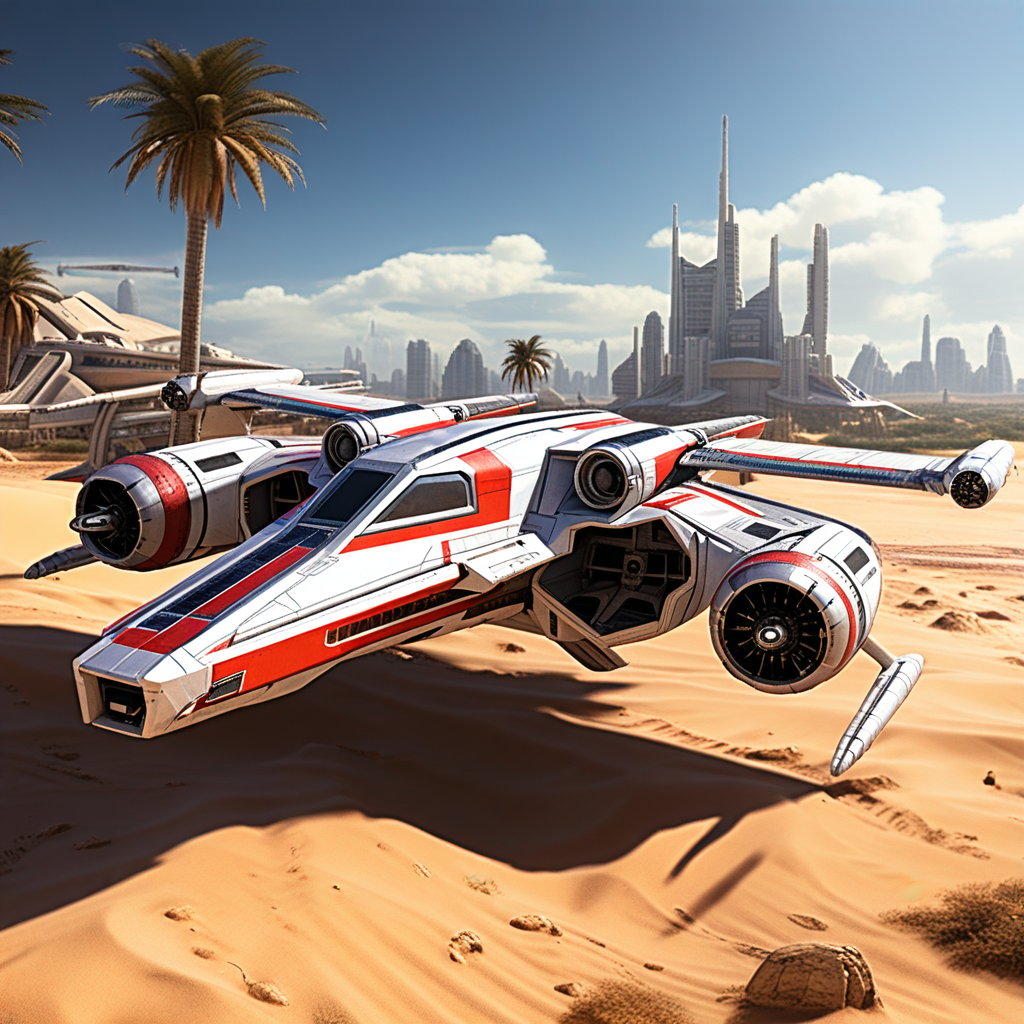 A realistic photo of starship x-wing starfighter in Star Wars universe,red striped body,parked on ground with ((stands)) on desert,wings folded,laser cannons at each wing tip,engines located at wing root, backdrop:desert,sand,palm tree,,sky,cloud,cityscrapes,front left view,R2 D2 walking around next to the ship, ek_starsh1p,ek_xw1ng,ek_xwf1,realistic,detailed,sleek shiny aircraft