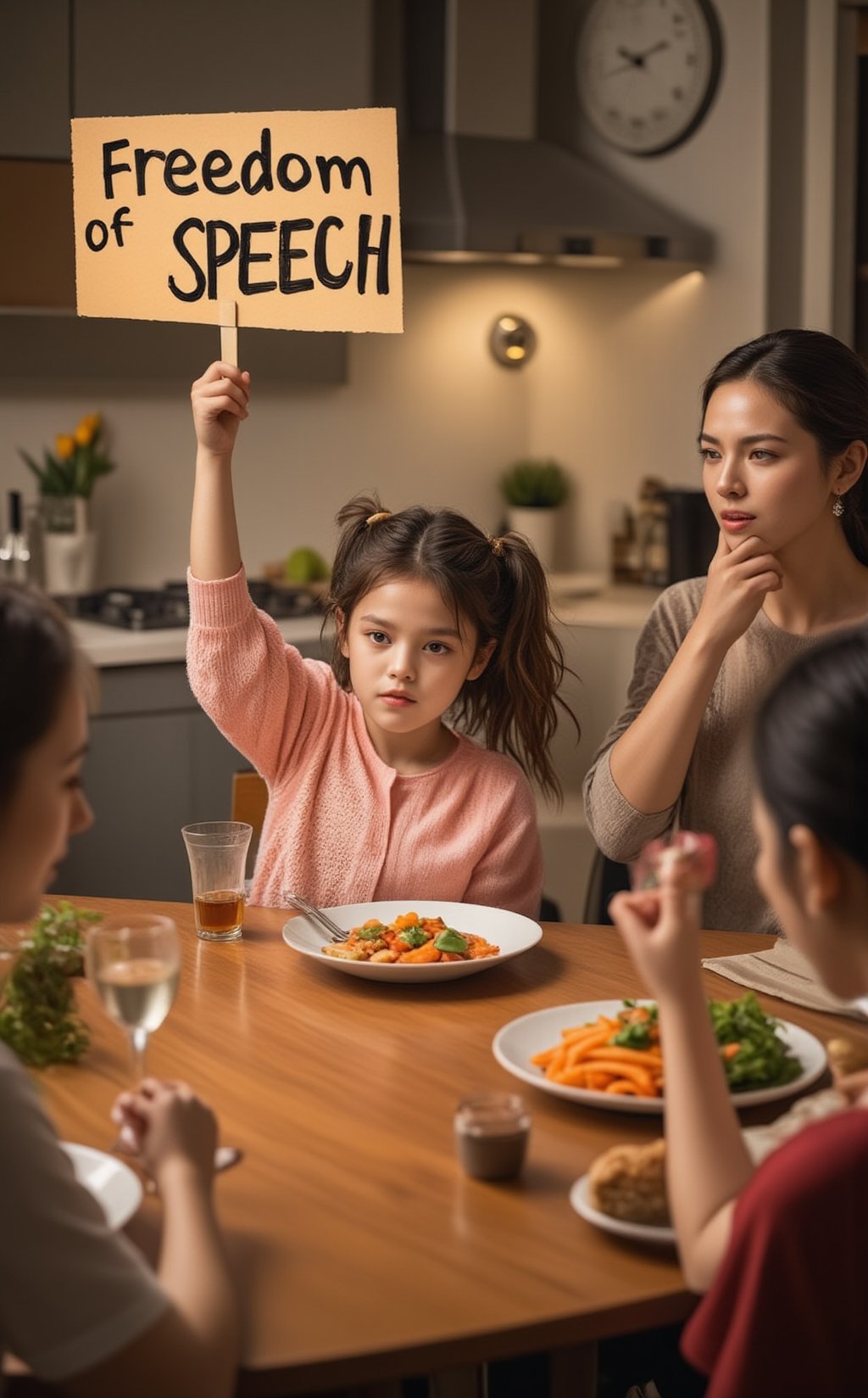 A playful, satirical scene of a young girl sitting defiantly at the dining table, holding a 'Freedom of Speech' sign with both hands. She’s pouting and stubbornly refusing to eat the carrot on her plate, as if it’s the ultimate symbol of oppression. Her big, expressive eyes show a mix of determination and rebellion, while her small feet dangle just above the floor. Across the table, her father sits with one hand covering his face in frustration, clearly exasperated by the situation. His other hand rests on the table, gripping a fork as if he's on the verge of giving up. Meanwhile, the girl’s mother stands nearby, laughing quietly at the scene, amused by the child’s dramatic protest. The kitchen setting is warm and homely, with a cozy dining table positioned near the stove and countertops. The humorous scene is a playful parody of resistance against censorship, echoing the spirit of defiance in totalitarian societies. The child’s refusal to eat her carrots becomes a symbolic stand for freedom of speech, as her sign and expression parody the gravity of much larger protests." This prompt turns a simple family dinner into a humorous yet satirical reflection on freedom and resistance.
BREAK
realistic,detailed,sharp focus,high contrast,rule of thirds,depth of perspective,award-winning photo,chiaroscuro lighting
BREAK
ek_g1rl_02,ek_art_b00ster,beauy_ks01, ek_ph0t0_b00ster