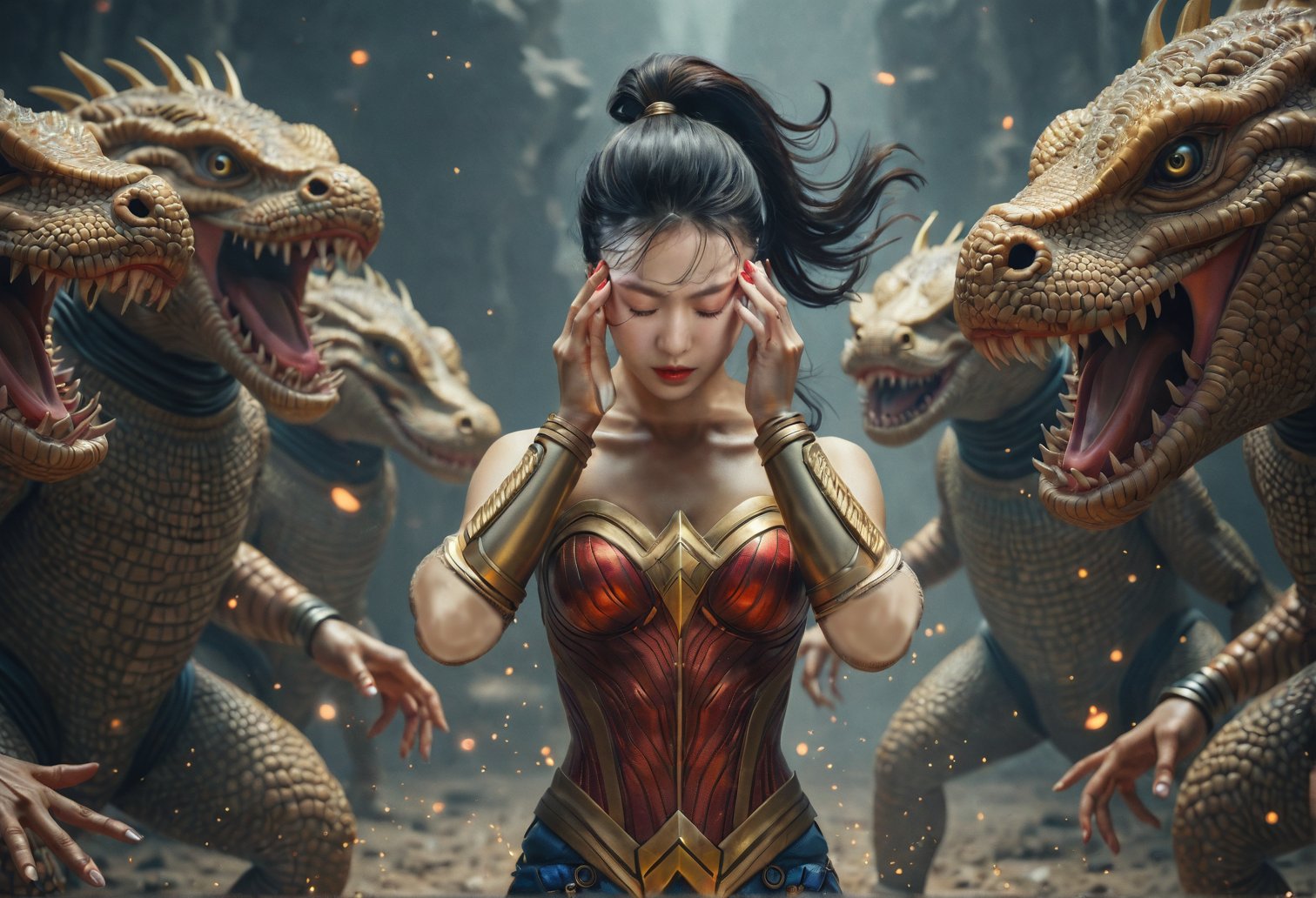 Yoonjung focuses intensely, wearing wonder woman suit, high ponytail,her hands raised to her temples as her psychic powers reach their peak. Around her, 3 to 4 Lizard Head robot monsters stagger and stumble, their mechanical bodies twitching and malfunctioning under the psychic assault.realistic,detailed,masterpiece,best quality,sharp focus,high contrast,rule of thirds,depth of perspective,trending on artstation,chiaroscuro lighting,photo_b00ster,koh_yunjung