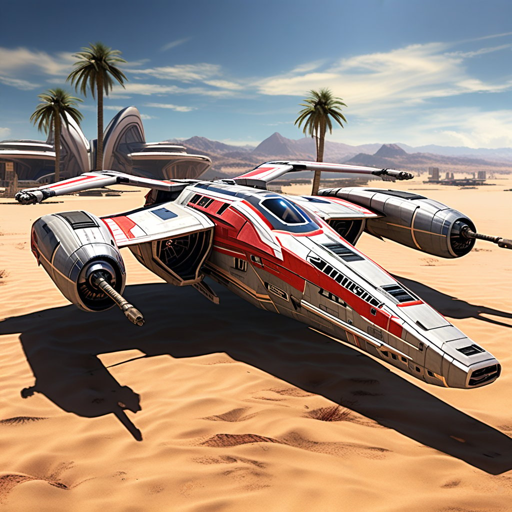 A realistic photo of starship x-wing starfighter in Star Wars universe,red striped body,parked on ground with ((stands)) on desert,wings folded,laser cannons at each wing tip,engines located at wing root, backdrop:desert,sand,palm tree,,sky,cloud,cityscrapes,front left view,R2 D2 walking around next to the ship, ek_starsh1p,ek_xw1ng,ek_xwf1,realistic,detailed,sleek shiny aircraft