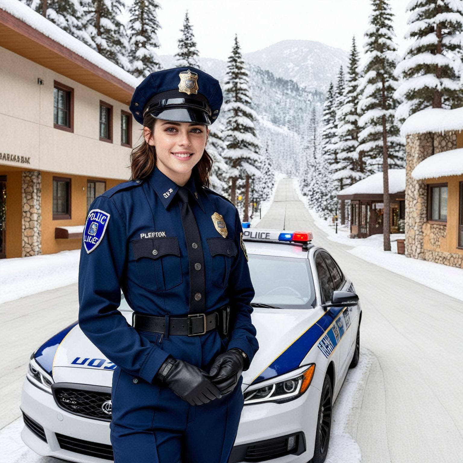 Hyper-Realistic photo of a beautiful LAPD police officer in a winter resort,20yo,1girl,solo,LAPD police uniform,cap,detailed exquisite face,soft shiny skin,smile,looking at viewer,Kristen Stewart lookalike,cap,sunglasses,fullbody:1.3
BREAK
backdrop:winter resort center,snow,road,police car,tree,[cluttered maximalism]
BREAK
settings: (rule of thirds1.3),perfect composition,studio photo,trending on artstation,depth of perspective,(Masterpiece,Best quality,32k,UHD:1.4),(sharp focus,high contrast,HDR,hyper-detailed,intricate details,ultra-realistic,kodachrome 800:1.3),(cinematic lighting:1.3),(by Karol Bak$,Alessandro Pautasso$,Gustav Klimt$ and Hayao Miyazaki$:1.3),art_booster,photo_b00ster, real_booster,w1nter res0rt