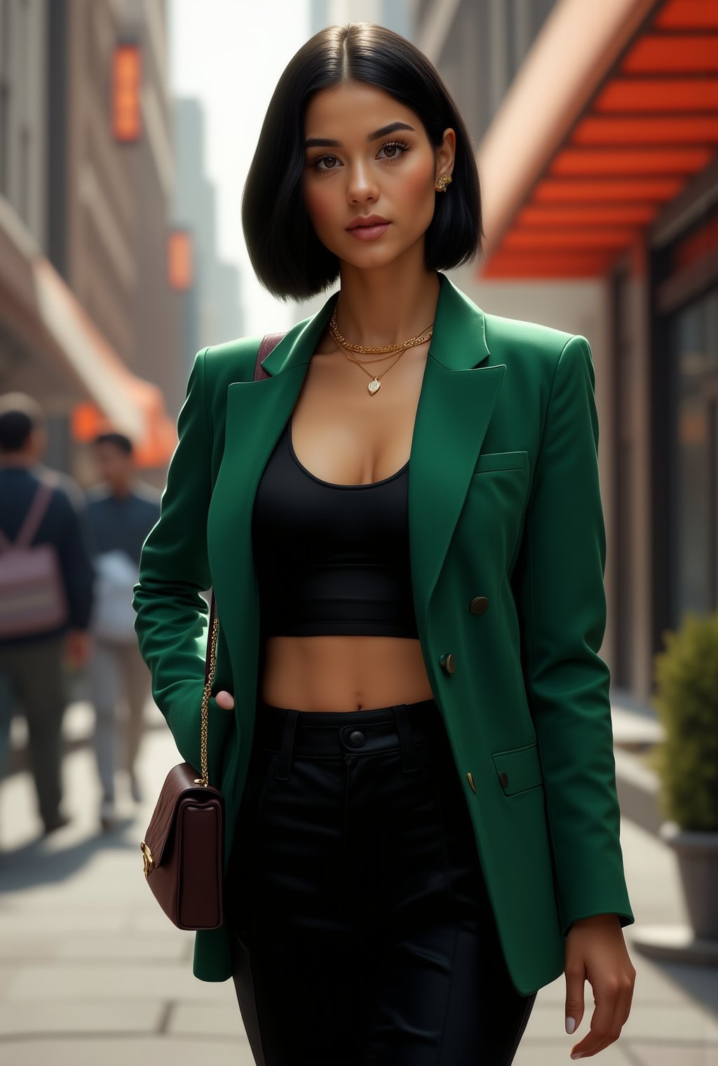 A stunning 20-year-old woman with a modern, sophisticated style, confidently walking through a trendy urban district. Her jet-black hair is cut into a sleek, chin-length bob that frames her face perfectly, highlighting her sharp, elegant features and almond-shaped hazel eyes.

She wears a tailored, emerald green blazer over a simple, black silk camisole, paired with high-waisted, black trousers that elongate her legs. On her feet are stylish, pointed-toe ankle boots in a soft suede. A delicate, gold chain rests at her collarbone, catching the sunlight, while a small, designer crossbody bag in deep burgundy adds a pop of color. Her expression is calm yet purposeful, exuding an aura of confidence and sophistication as she navigates the lively streets with effortless grace.realistic,detailed,sharp focus,high contrast,trending on artstation,rule of thirds,depth of perspective,chiaroscuro lighting.ek_ph0t0_b00ster,jisosmile