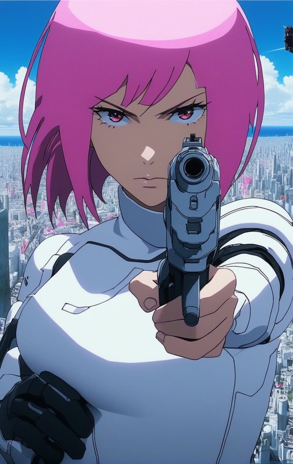 Highly-detailed halfbody portrait of a beautiful cyborg girl,20yo,pointing a gun \(pistol\) at viewer,kusanagi motoko,white pink yellow colors,form-fitting mecha armor,detailed futuristic city backdrop,perfect hands,perfect fingers,vibrant colors,ghost in a shell
BREAK
trending on artstation,rule of thirds,perfect composition,cinematic lighting,anime style,highly realistic,masterpiece,sharp focus,high contrast,art_booster,ani_booster,H effect,photo_b00ster,gunatyou