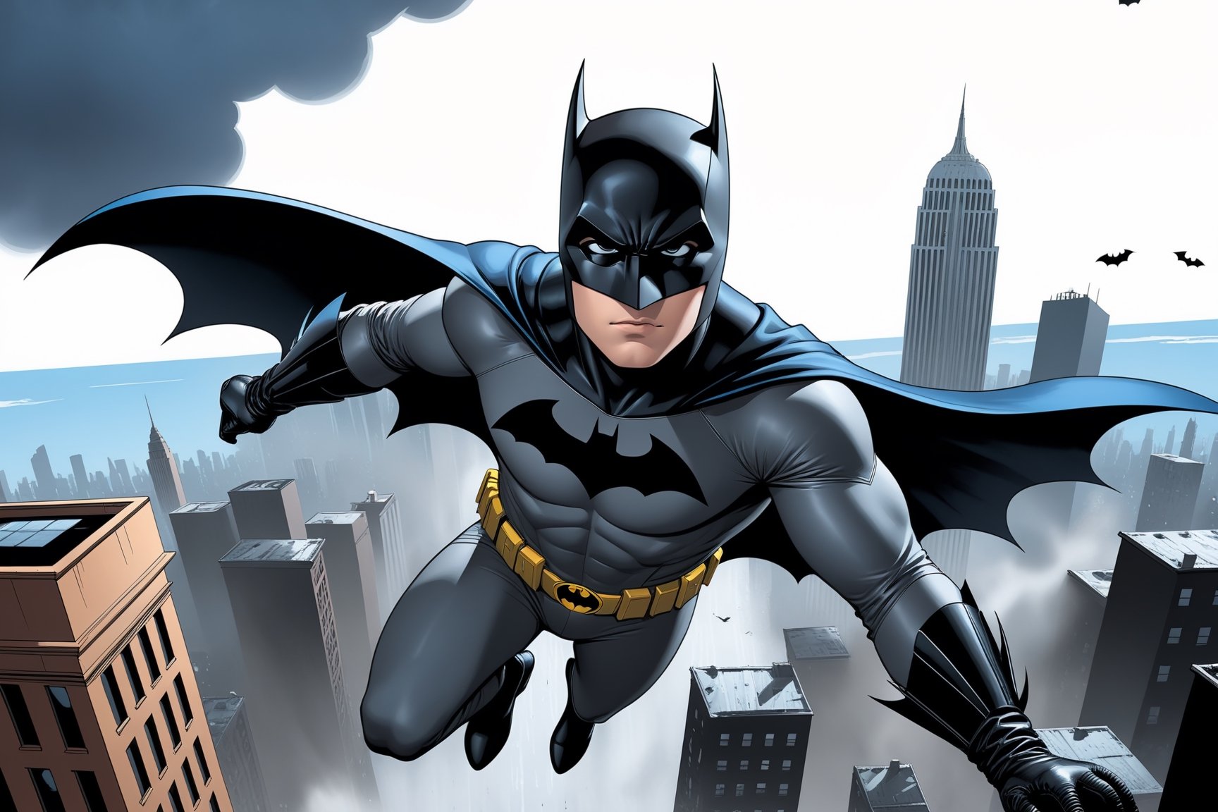 Digital illustration of Batman flying down from a building top,gloves,1boy,male focus,sky,cloud,cape,bodysuit, mask,bird,building,flying,city,superhero,rainy,very dark,view from the ground
BREAK
(rule of thirds:1.3),depth of perspective,studio photo,perfect composition,trending on artstation,finesse of pen and ink,by Frank Miller \(Sin City style\),(masterpiece,best quality,32K,UHD,sharp focus,high contrast), real_booster,art_booster,ani_booster