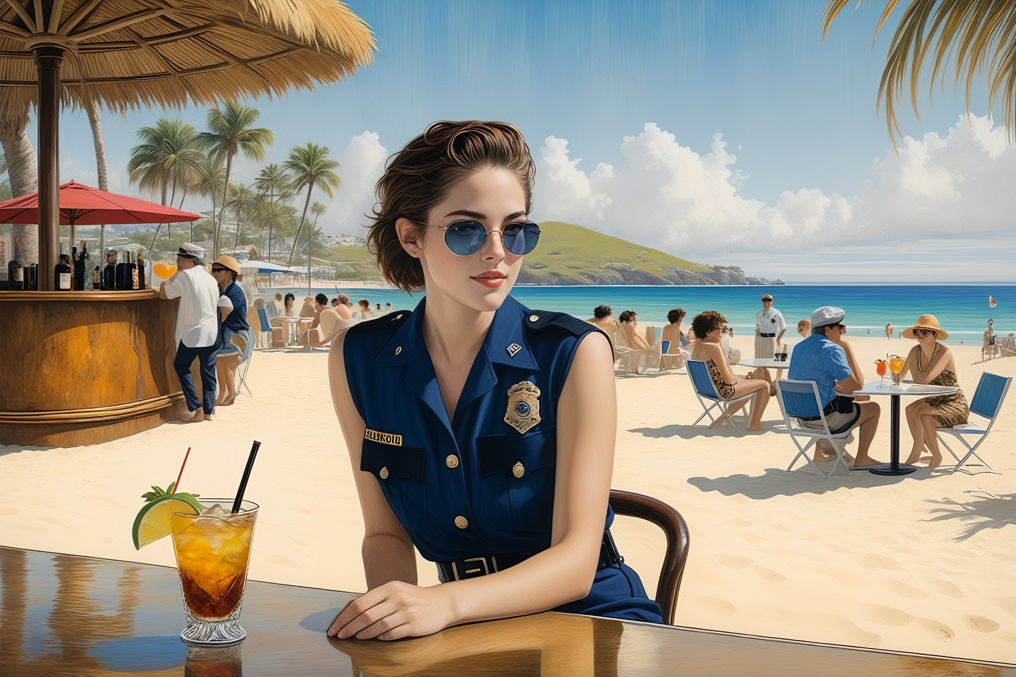 Hyper-Realistic photo of a beautiful LAPD police officer sitting in a cocktail bar on a beach,20yo,1girl,solo,LAPD police uniform,cap,detailed exquisite face,soft shiny skin,smile,looking at viewer,Kristen Stewart lookalike,cap,sunglasses,fullbody:1.3
BREAK
backdrop:cocktail bar,table,cocktail,beach,sky,boat,[cluttered maximalism]
BREAK
settings: (rule of thirds1.3),perfect composition,studio photo,trending on artstation,depth of perspective,(Masterpiece,Best quality,32k,UHD:1.4),(sharp focus,high contrast,HDR,hyper-detailed,intricate details,ultra-realistic,kodachrome 800:1.3),(cinematic lighting:1.3),(by Karol Bak$,Alessandro Pautasso$,Gustav Klimt$ and Hayao Miyazaki$:1.3),art_booster,photo_b00ster, real_booster