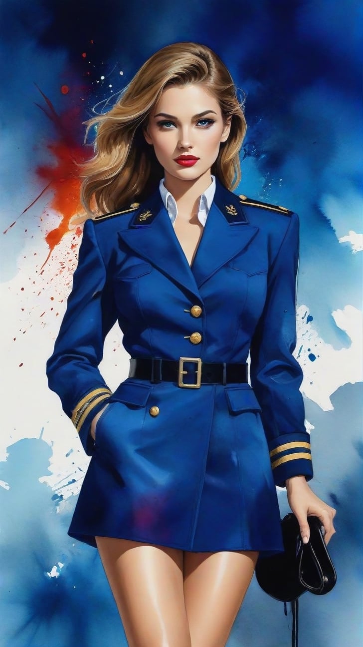 (alcohol ink watercolor art) of a beautiful 20yo US Navy officer in Navy uniform,exquisite face,perfect female form,model body,heels:1.3,backdrop of US Navy cruise in ocean
BREAK 
colorful splatters and ink stains backdrop,(Frank Miller's Sin City style:1.3),trending on artstation,CG society,(rule of thirds:1.3),art_booster,minimalist