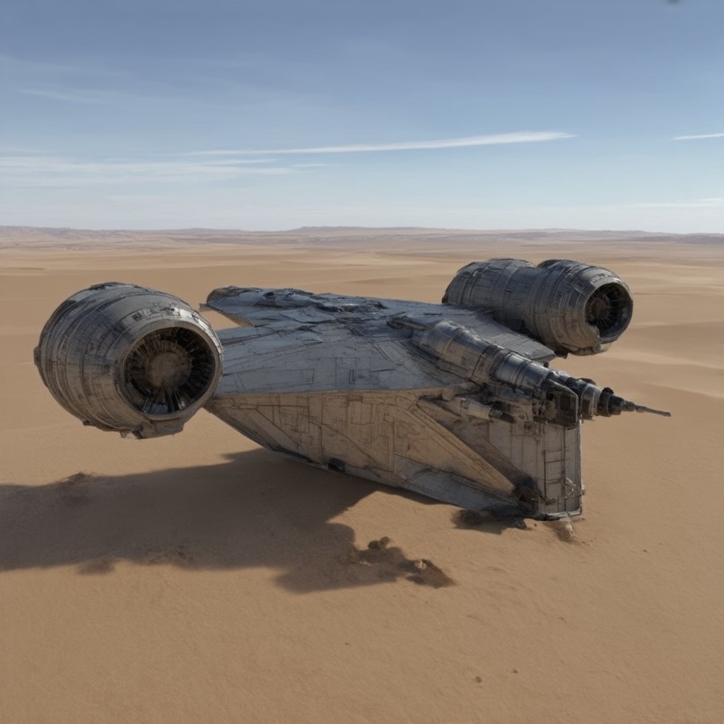 A starship razor crest \(star wars\) landed on desert,top mounted wings,jet engine on wing tip,blunt head,canopy on head top,cannons on head side,door on left side,

desert,sand,sky,cloud,

realistic,detailed,sharp focus,high contrast, ek_raz0r_cre5t,ek_rcfr0nt_left