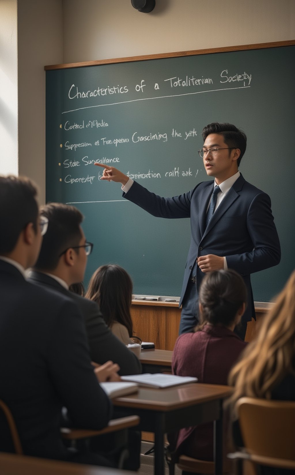 A dynamic classroom scene featuring a professor standing in front of a large chalkboard, passionately delivering a lecture. The professor, dressed in a professional suit, gestures toward the chalkboard, which prominently displays the title 'Characteristics of a Totalitarian Society' written in bold letters. Below the title, key bullet points are neatly listed, such as 'Control of Media,' 'Suppression of Free Speech,' 'State Surveillance,' 'Cult of Personality,' and 'Eradication of Dissent.' The professor’s expression is serious and engaged, as they explain each point with clarity and conviction. The classroom is filled with attentive students, some taking notes while others look up at the professor, captivated by the discussion. The room is well-lit, with sunlight streaming in from large windows, but the focus remains on the professor and the thought-provoking content on the board. The atmosphere in the room is one of intellectual curiosity and deep reflection, as the lecture delves into the oppressive mechanisms of totalitarian regimes and their impact on society.
BREAK
detailed,sharp focus,high contrast,rule of thirds,depth of perspective,award-winning photo,chiaroscuro lighting,ek_g1rl_02,ek_art_b00ster,beauy_ks01,ek_ph0t0_b00ster