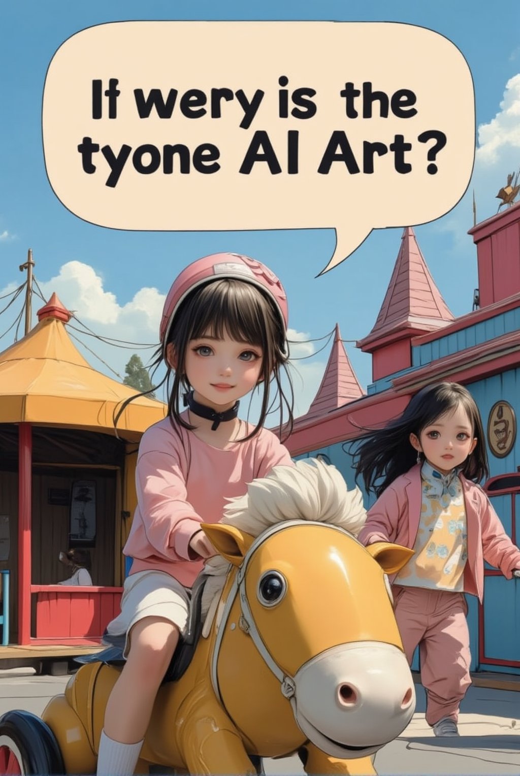 An anime of a cute girl saying "What is the future of AI Art?" in a big word bubble.big smile.riding a toy horse in a playground,beauy_ks01,anime style,ek_an1_b00ster,acryli painting,ILLUSTRANIME