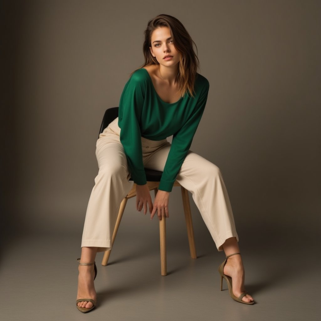 A stylish female fashion model sitting confidently on a chair, wearing a sleek green top, cream pants, and high heels. She strikes an elegant, bold pose with one leg slightly extended, showcasing her modern, sophisticated fashion and poise.masterpiece,best quality,32K,UHD,HDR,realistic,detailed,sharp focus,high contrast,rule of thirds,depth of perspective,award-winning photo,chiaroscuro lighting,beauy_ks01,round chin no dimple,ek_art_b00ster,ek_ph0t0_b00ster