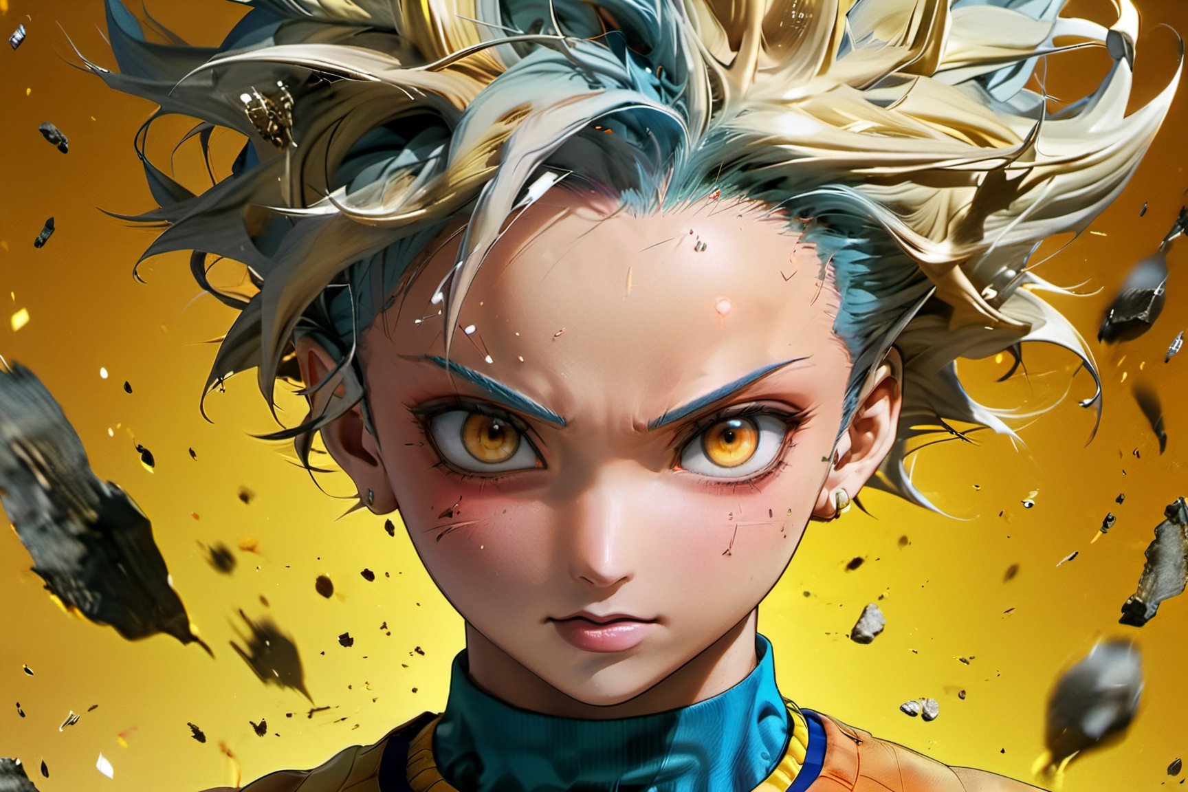 dragon ball super wallpaper, Bulma, in the style of dark yellow and dark beige, photo-realistic drawings, raw emotion, yombe art, heavy use of palette knives, hurufiyya, realistic depiction of light ,male