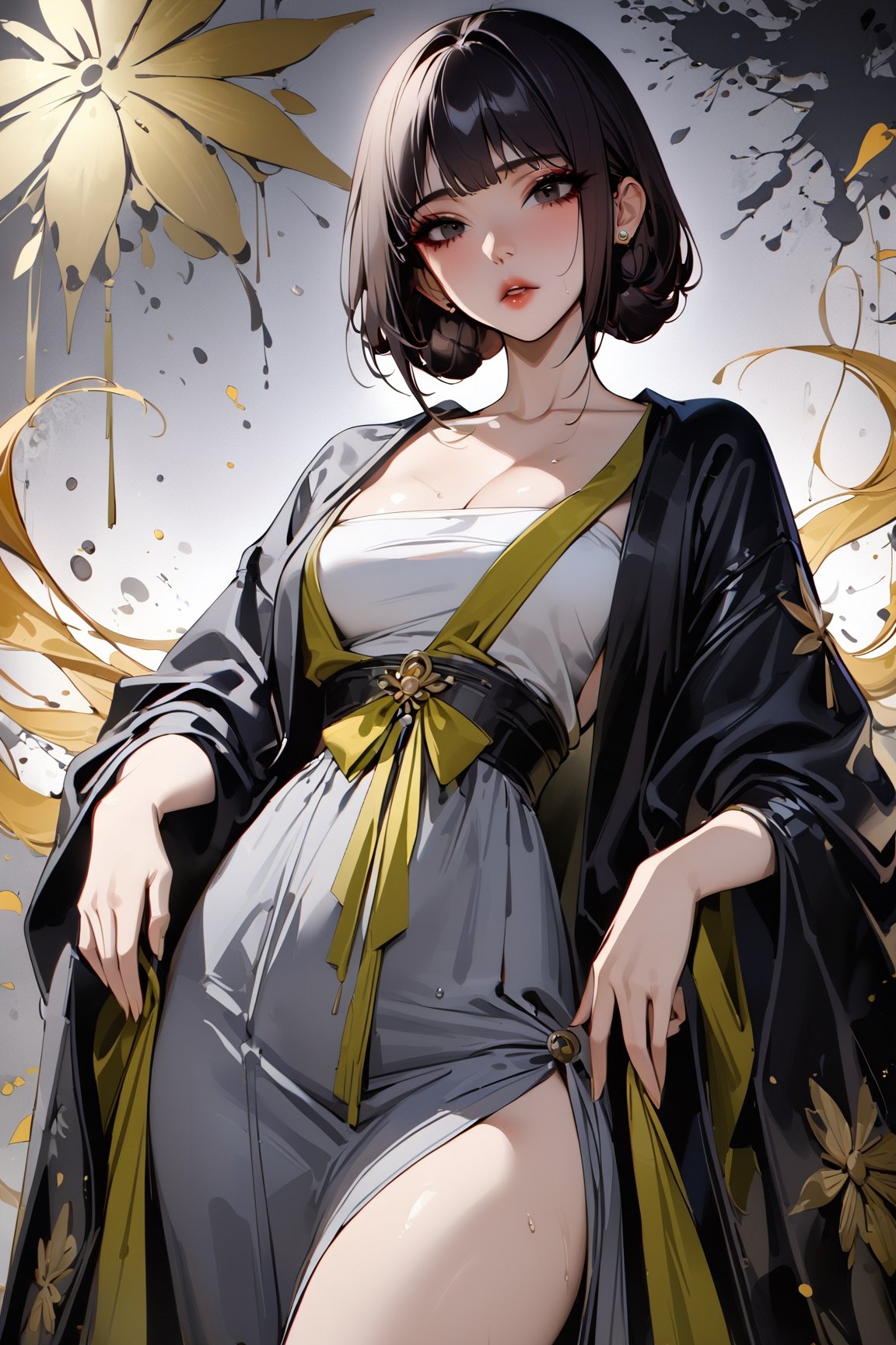 ((masterpiece, best quality, highres, amazing quality, very aesthetic, absurdres, 8k)), muelsyse (arknights),1girl, black short hair, black eyes ,solo,hanfu,chinese grey clothes,splatter background, niji6,more detail XL,sakimichan style,niji6,