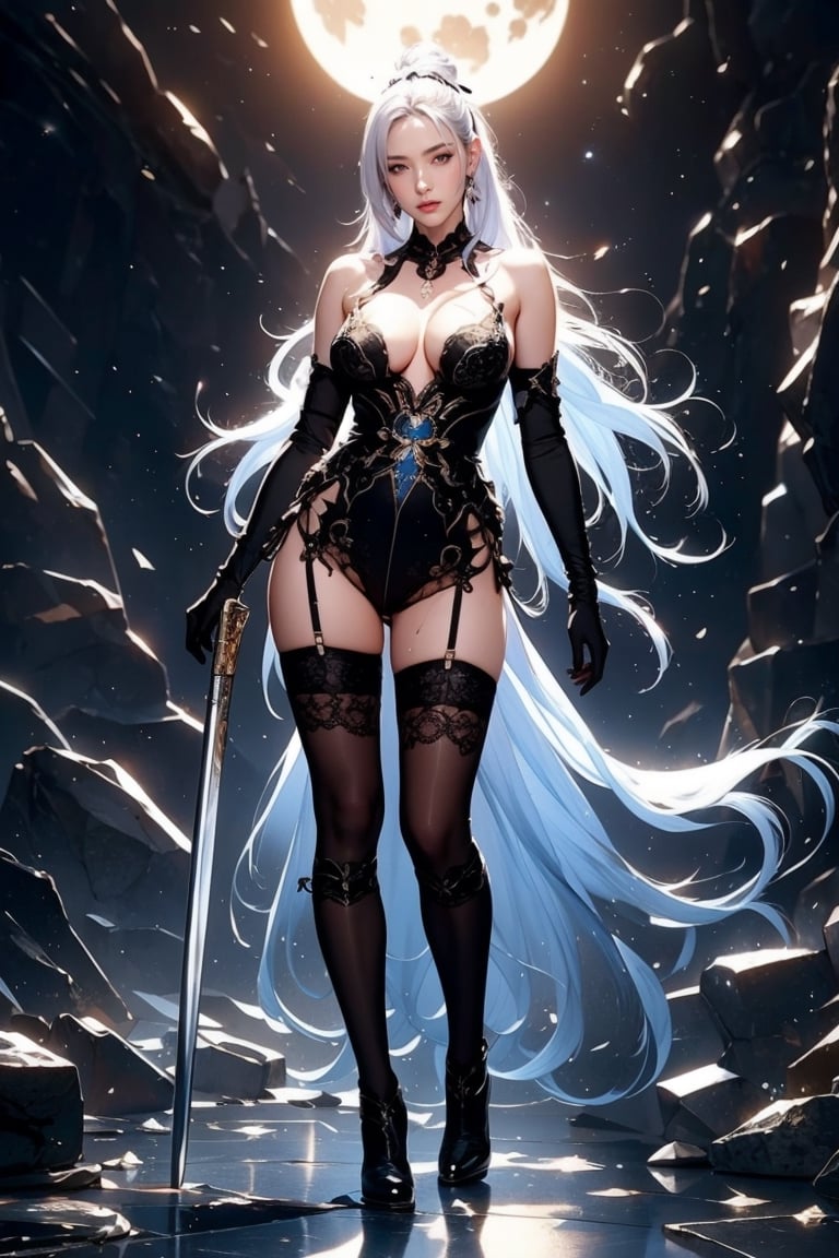 Ultra Detailed, 50mm, official art, unity 8k wallpaper, aesthetic, masterpiece, best quality, photorealistic, princess_cut, long_white_hair, jewelry, earrings, ponytail, bare shoulders,red_eyes, hair between eyes,boots, elbow gloves,sleeveless, black gloves, black skirt, black footwear, full body, long_legs, white-skinned girl, tall, narrow waist, dynamic pose,1_girl,katana_ice, fullmoon, hair_past_waist, long_legs,ice_giant_sword,1 girl, solo, fullbody shot, a beautiful young latin girl, 34 dd size breast, pink nipples,High heel, thigh high pantyhose, black garter belt, lingerie model,black panty hose, oily & wet body with long hair,yuzu