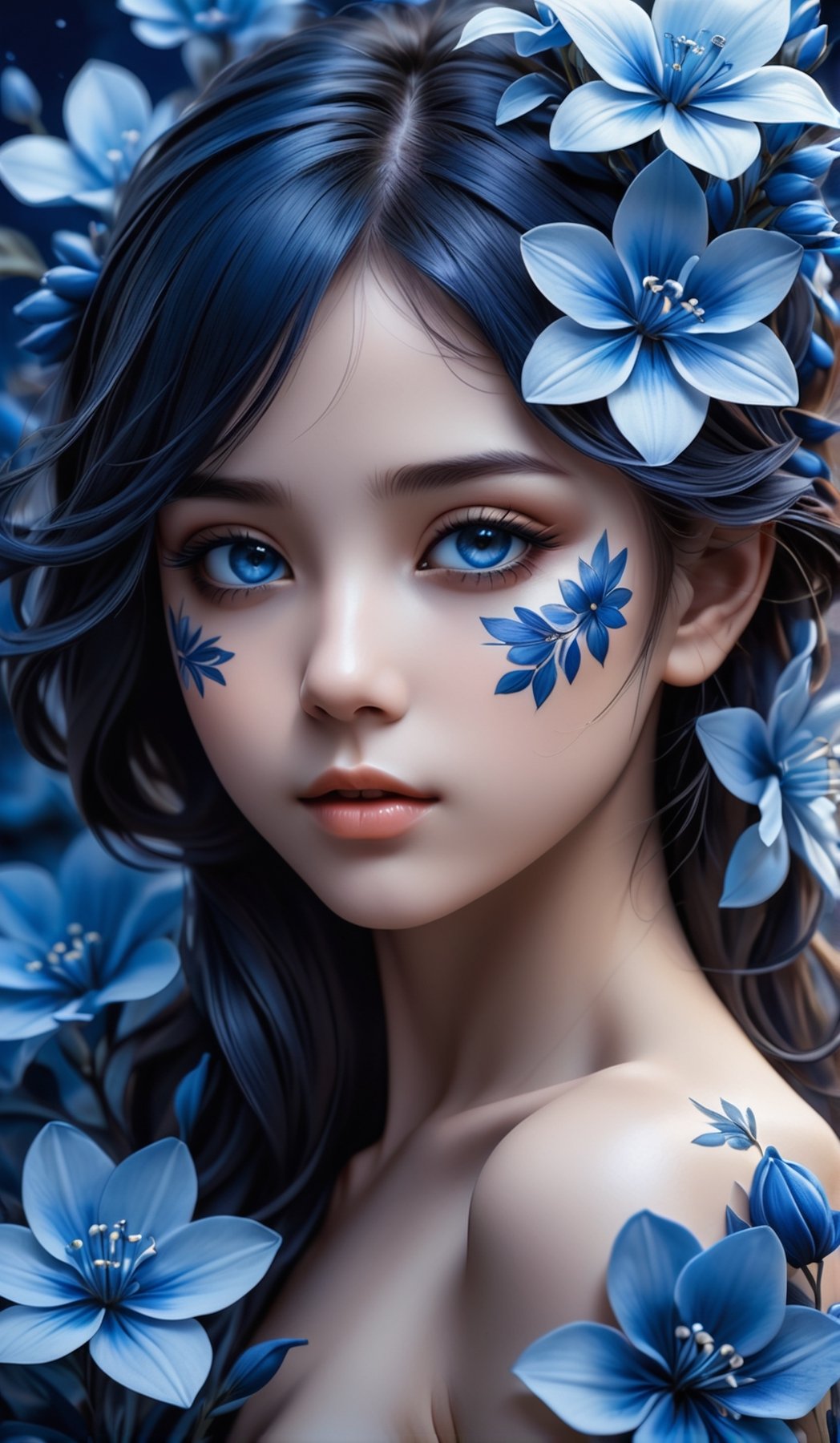 a beautiful picture of a very young girl with blue flowers on her face, in the style of monochromatic paintings, dark sky-blue and dark navy, dark sky-blue and dark white, multilayered realism, luminous shadowing, anime-inspired, elegant outlines ,naked, (full_body )